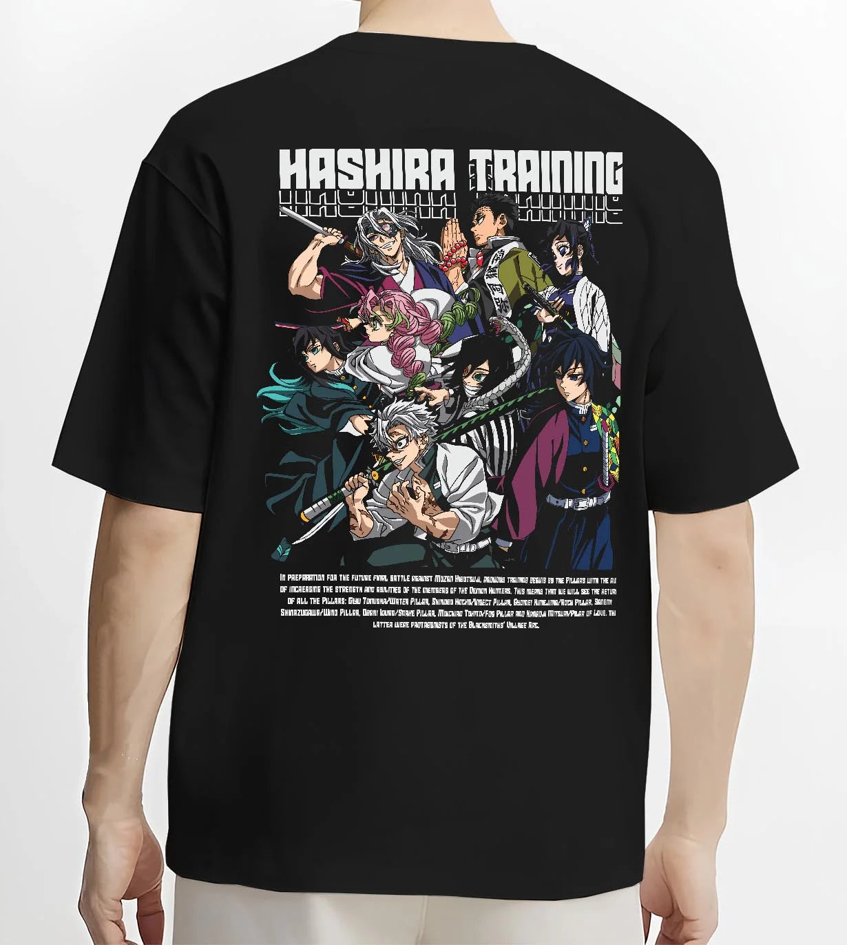 Black T-shirt worn by male model, back view with Demon Slayer Hoodie Hashira Training Group Roster graphic nan anime design.