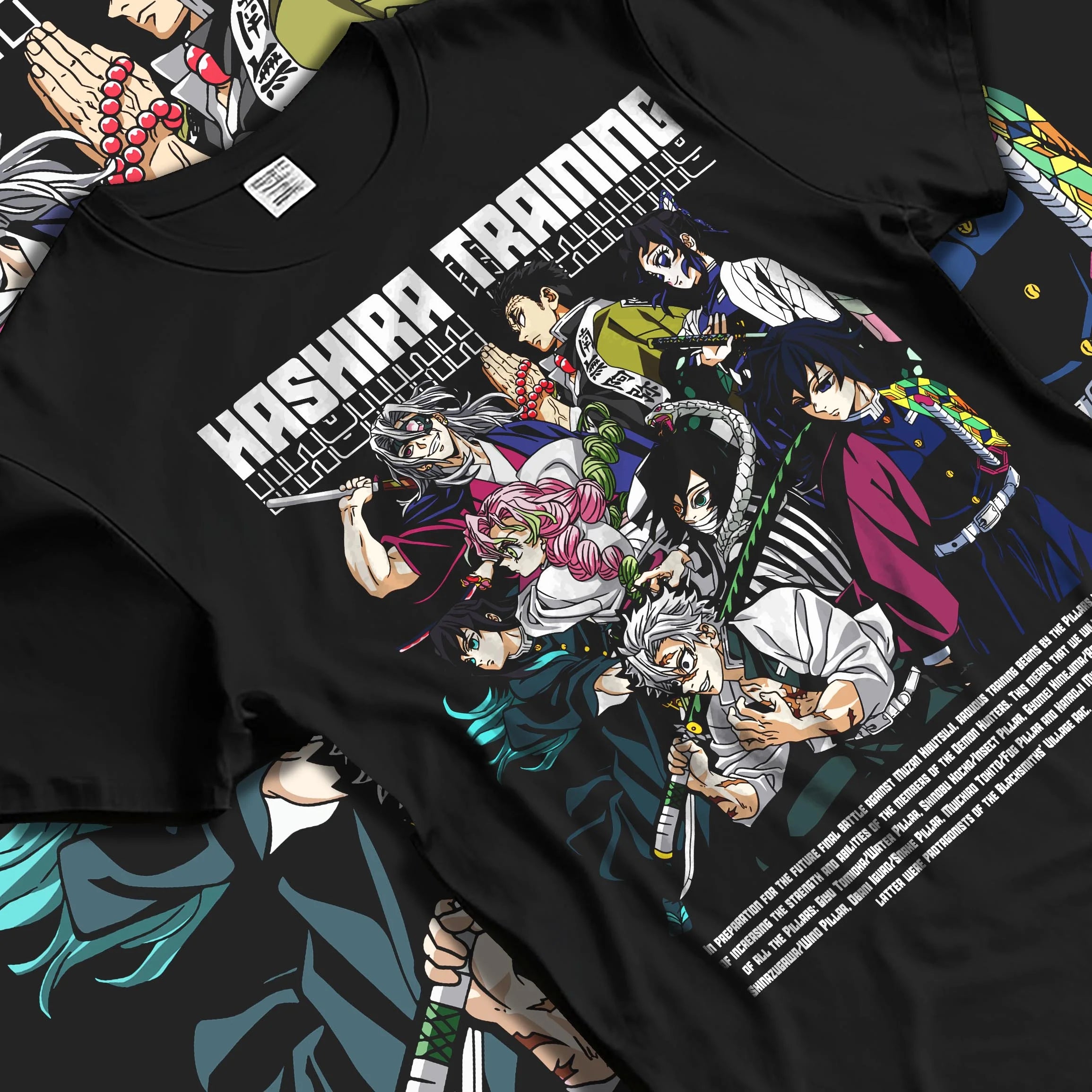 Black T-shirt laid flat with natural folds with Demon Slayer Hoodie Hashira Training Group Roster graphic premium wear.