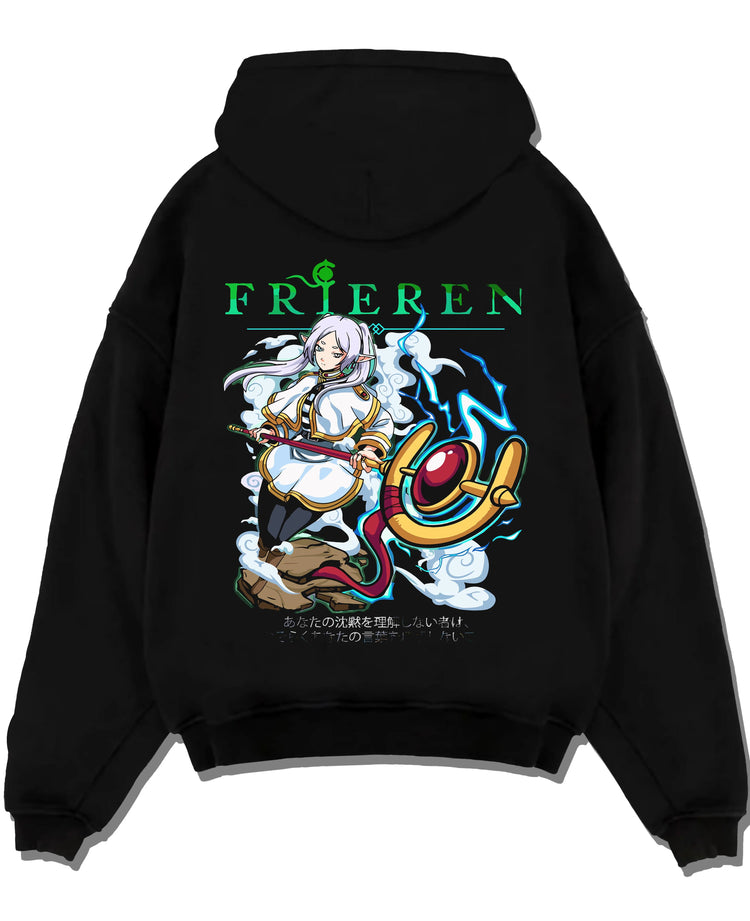 Black pullover hoodie laid flat with Frieren Hoodie Beyond Journey’s End Magic Pose graphic streetwear graphic.