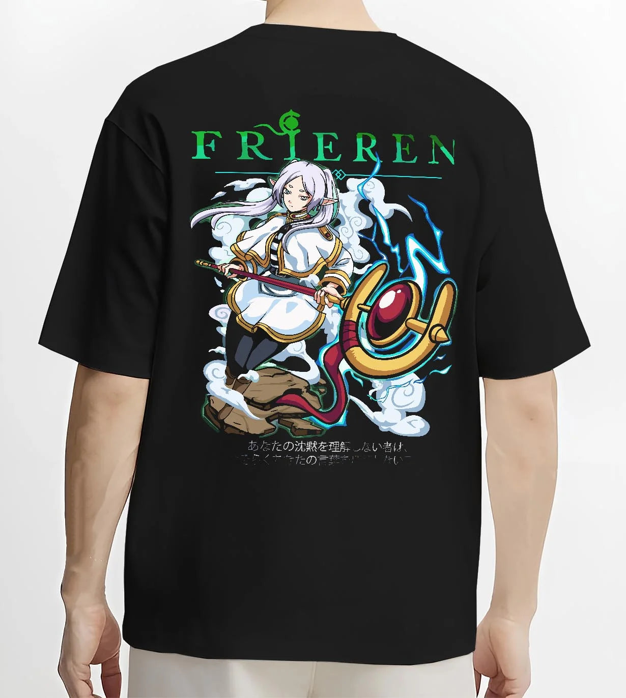 Black T-shirt worn by male model, back view with Frieren Hoodie Beyond Journey’s End Magic Pose graphic premium wear.