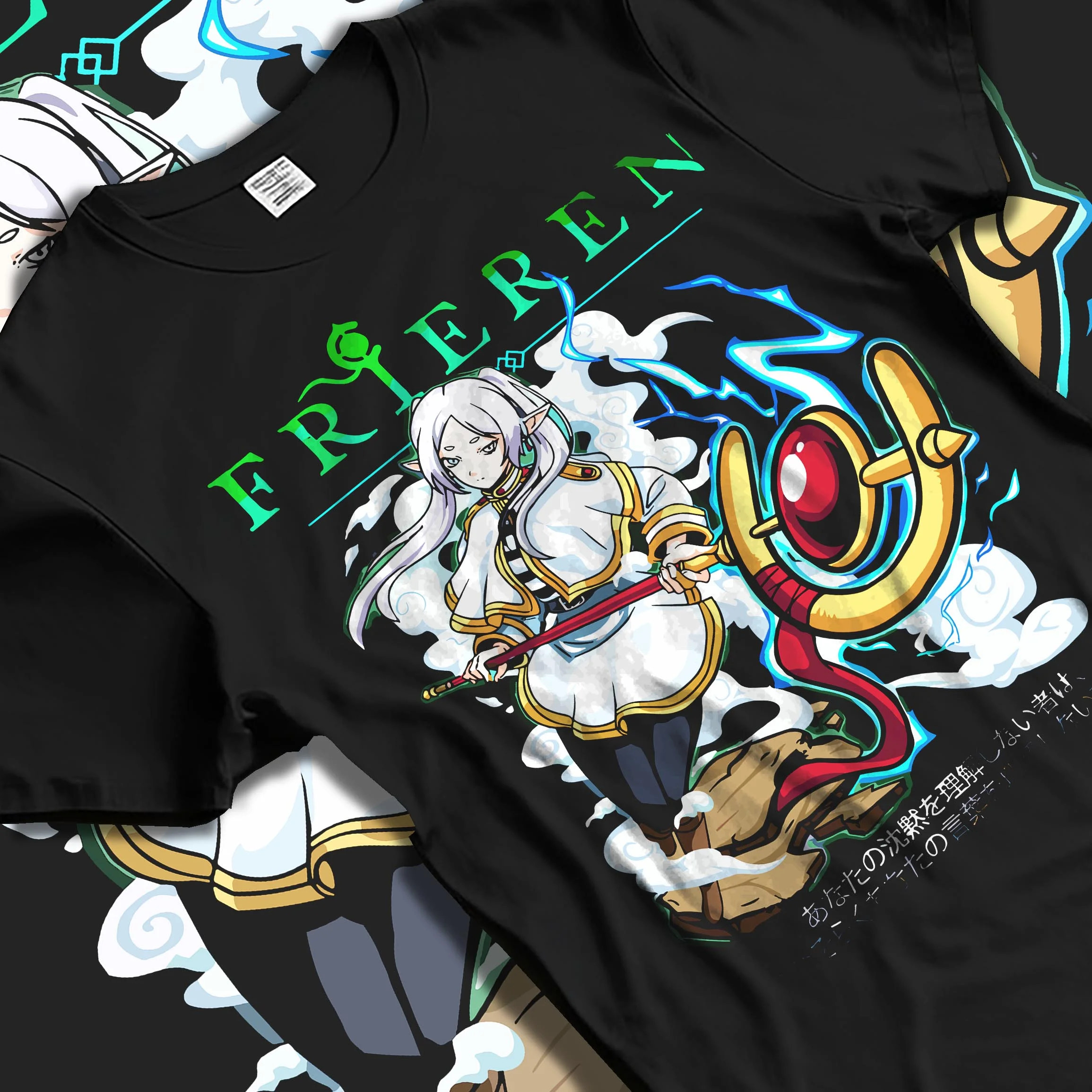 Black T-shirt laid flat with natural folds with Frieren Hoodie Beyond Journey’s End Magic Pose graphic streetwear graphic.