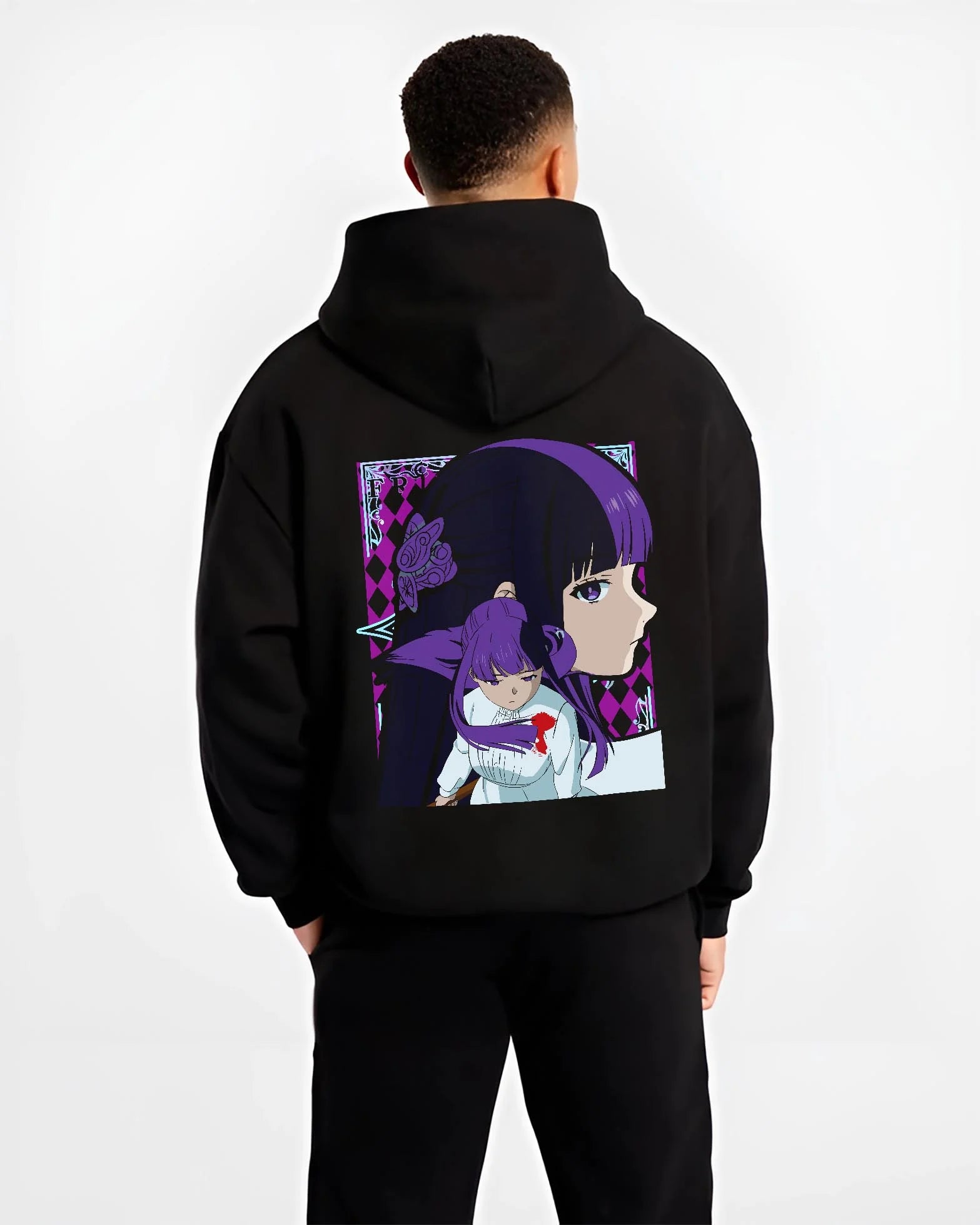 Black hoodie worn by male model, back view with Frieren Hoodie Beyond Journey’s End Purple Dress graphic bold anime graphic.