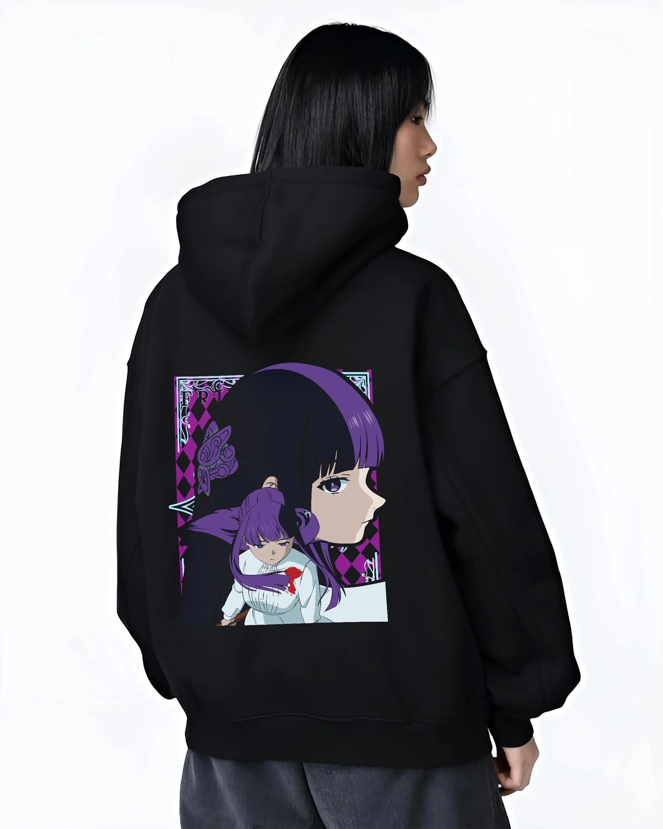 Black hoodie worn by female model, back view with Frieren Hoodie Beyond Journey’s End Purple Dress graphic bold anime graphic.