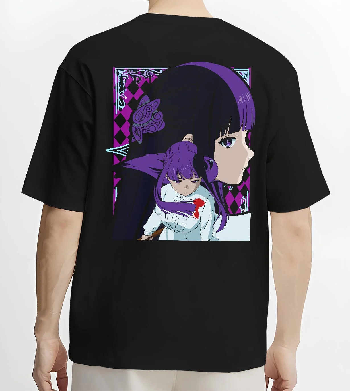 Black T-shirt worn by male model, back view with Frieren Hoodie Beyond Journey’s End Purple Dress graphic streetwear graphic.