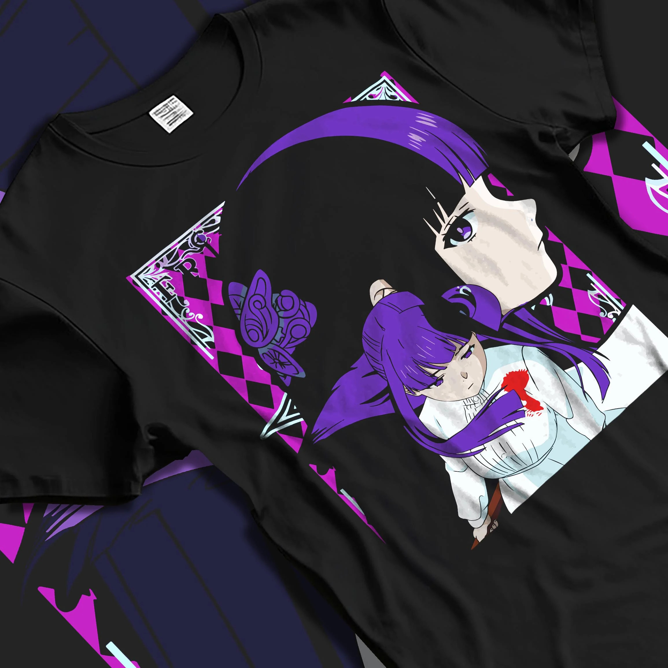 Black T-shirt laid flat with natural folds with Frieren Hoodie Beyond Journey’s End Purple Dress graphic streetwear graphic.