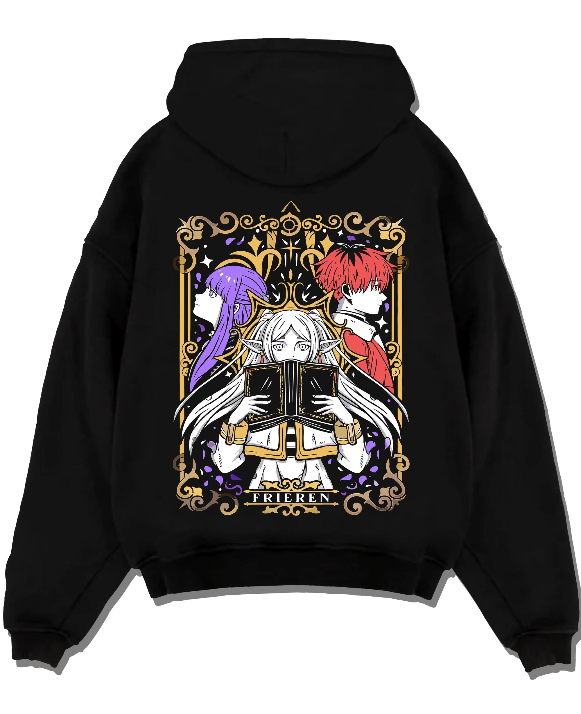 Black pullover hoodie laid flat with Frieren Hoodie Beyond Journey’s End Magic Circle graphic streetwear graphic.
