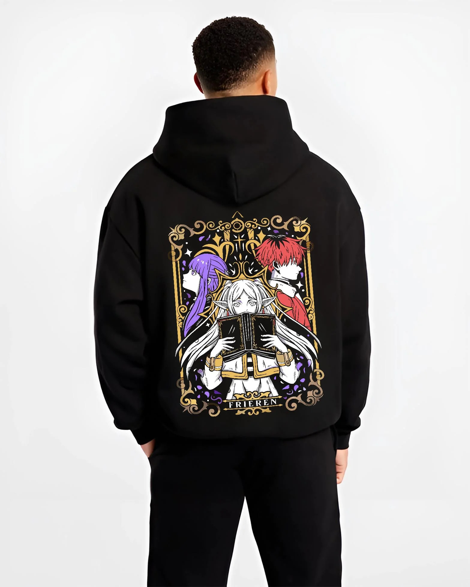 Black hoodie worn by male model, back view with Frieren Hoodie Beyond Journey’s End Magic Circle graphic streetwear graphic.