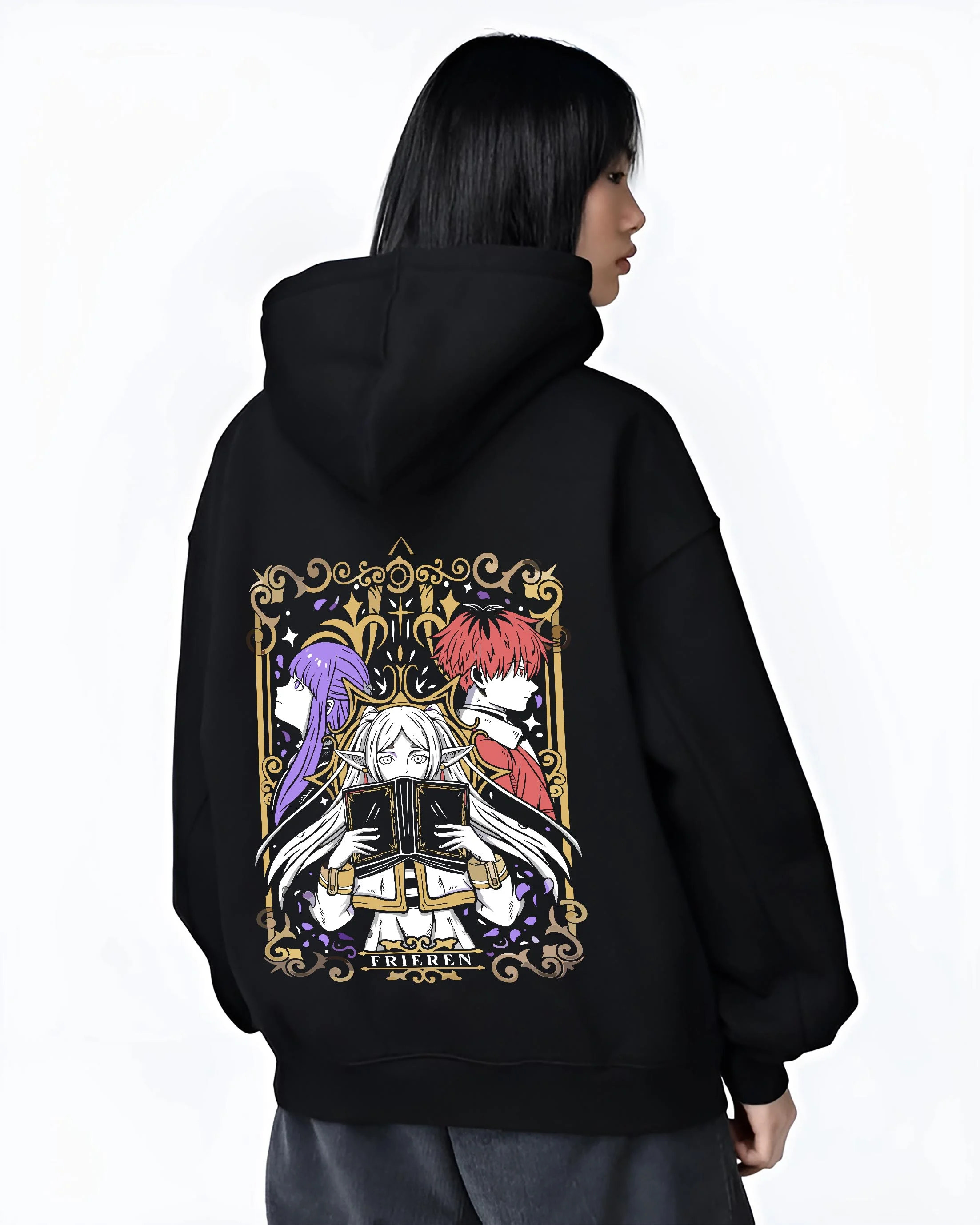 Black hoodie worn by female model, back view with Frieren Hoodie Beyond Journey’s End Magic Circle graphic bold anime graphic.