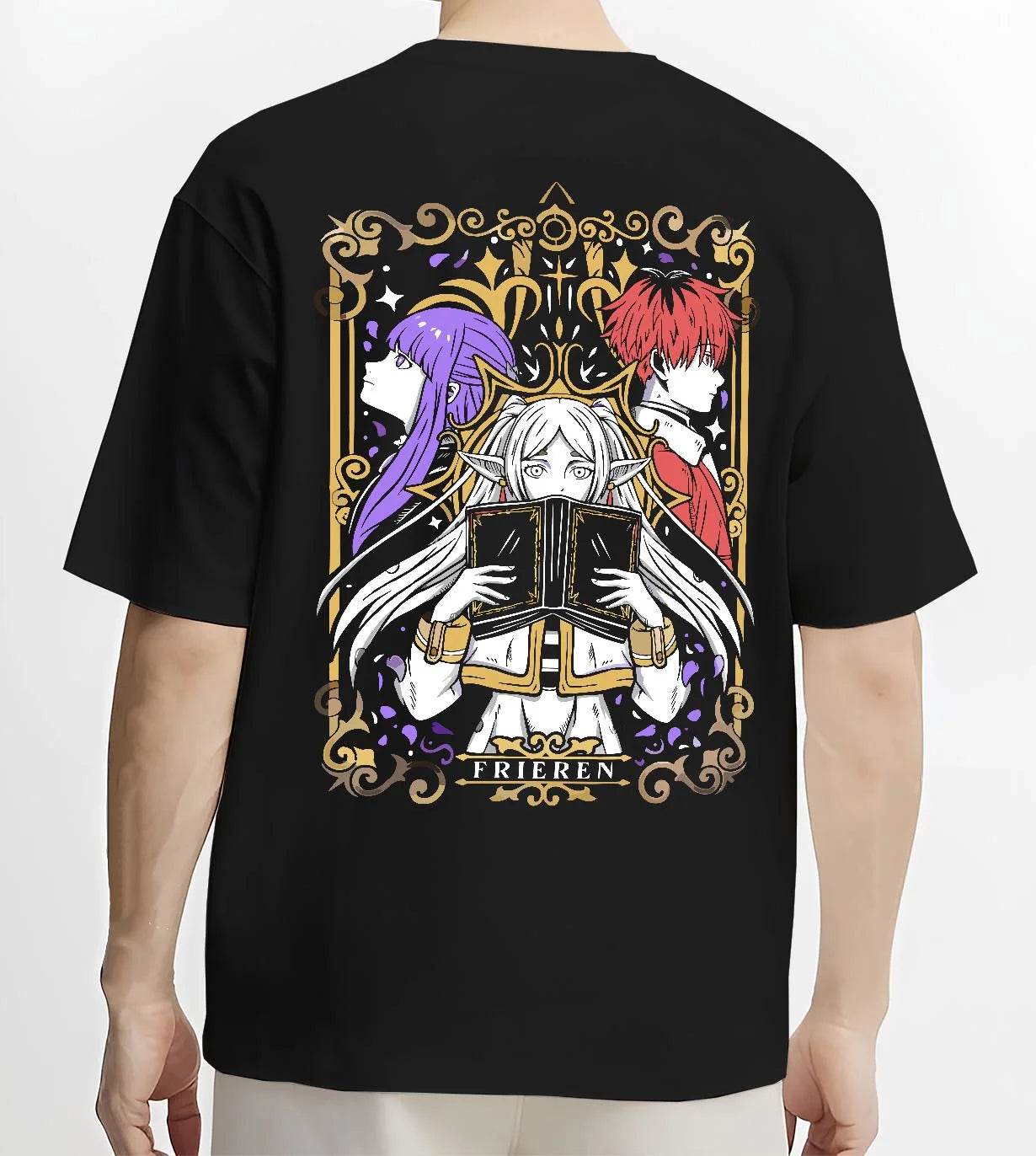 Black T-shirt worn by male model, back view with Frieren Hoodie Beyond Journey’s End Magic Circle graphic premium wear.