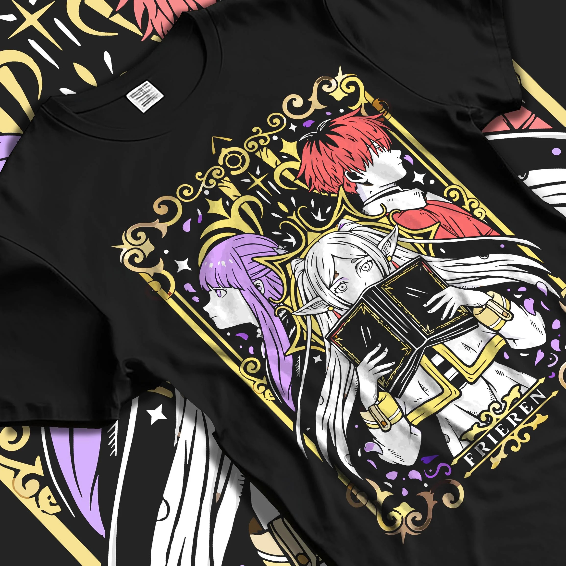 Black T-shirt laid flat with natural folds with Frieren Hoodie Beyond Journey’s End Magic Circle graphic bold anime graphic.