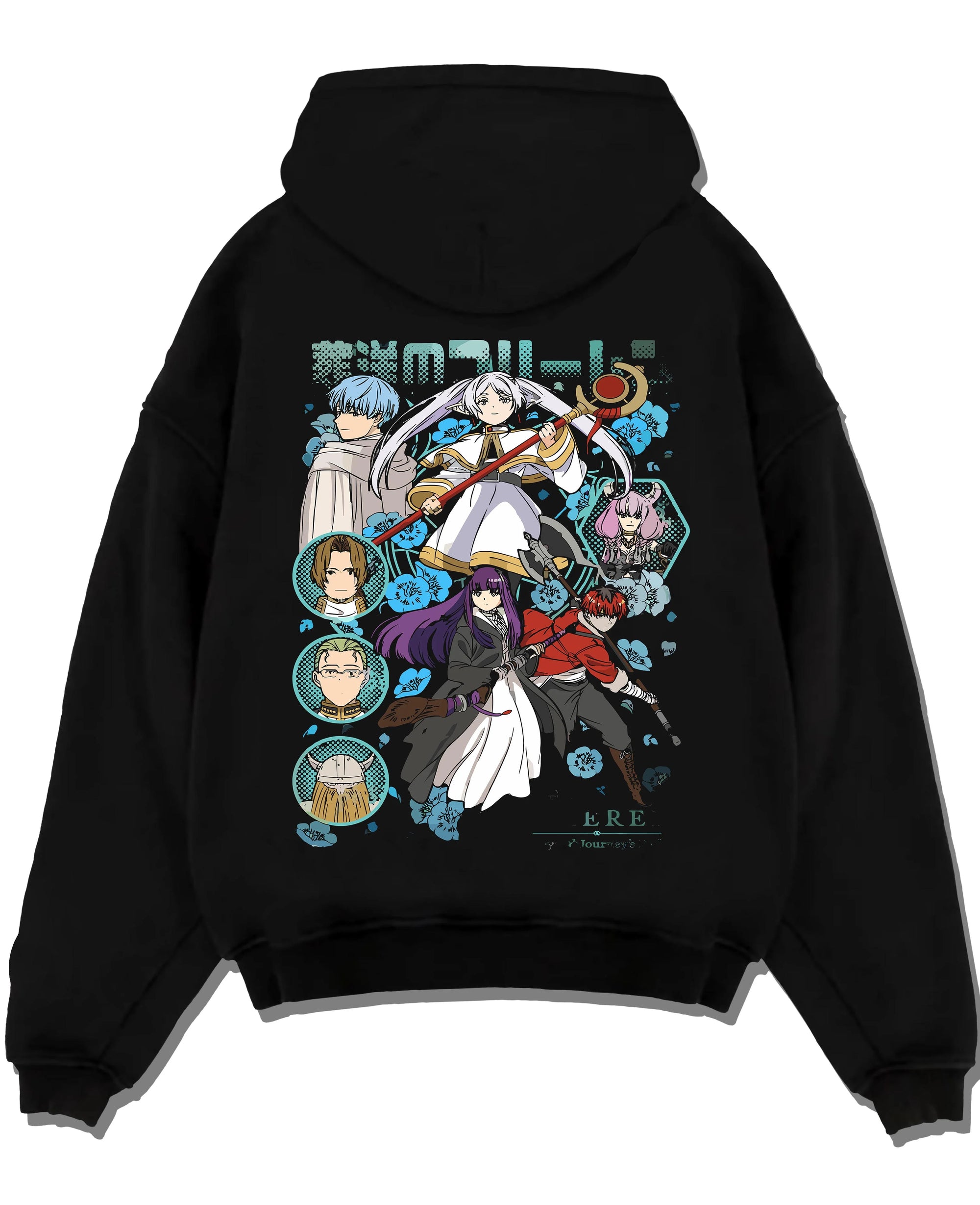 Black pullover hoodie laid flat with Frieren Hoodie Beyond Journey’s End Adventure Cast graphic premium wear.