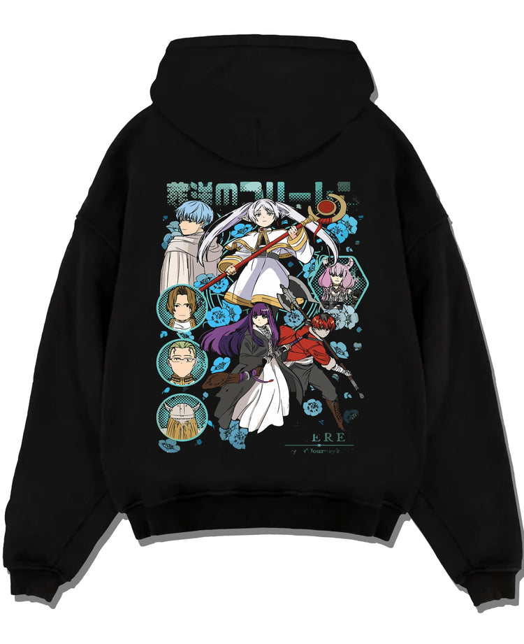 Black pullover hoodie laid flat with Frieren Hoodie Beyond Journey’s End Adventure Cast graphic premium wear.