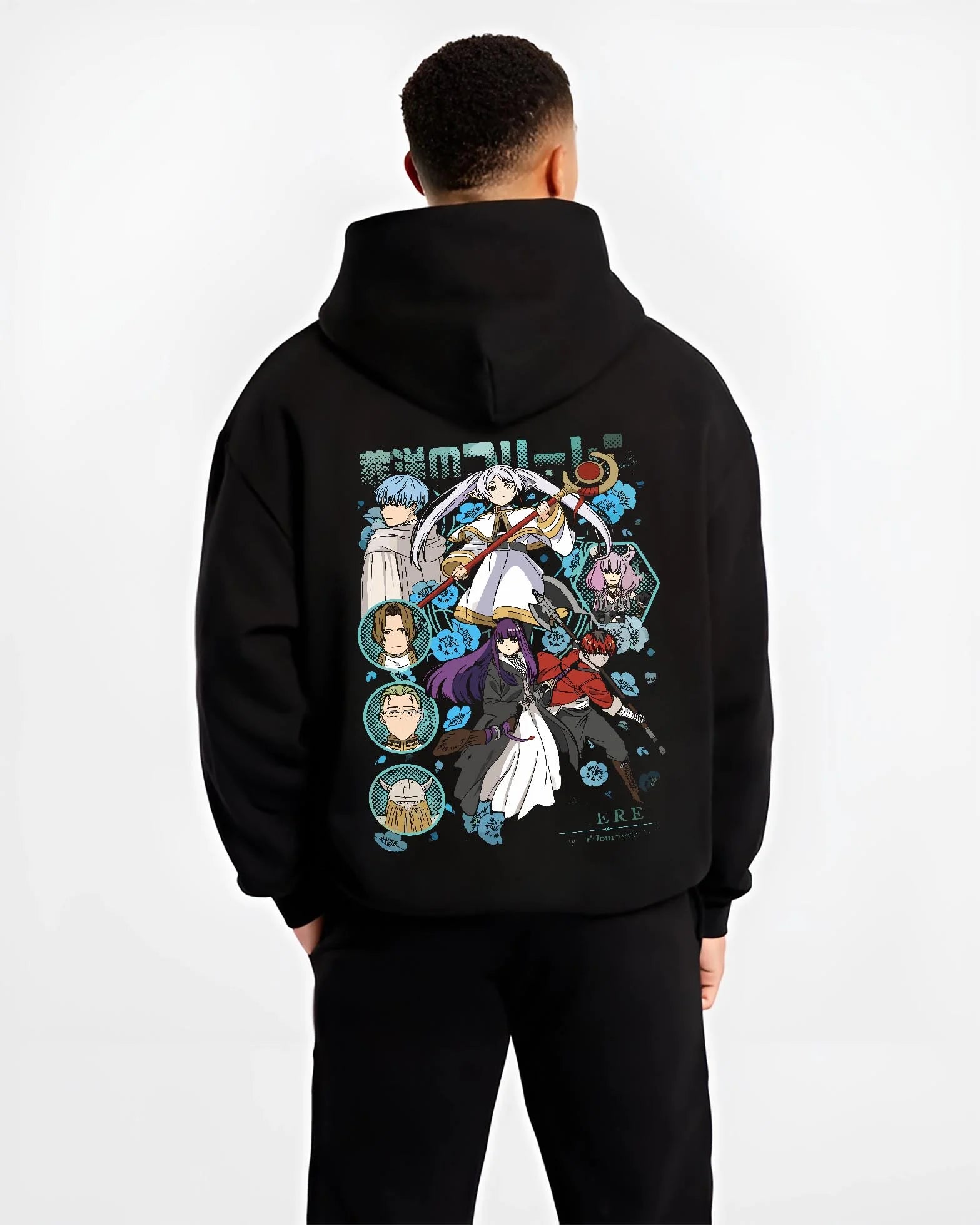 Black hoodie worn by male model, back view with Frieren Hoodie Beyond Journey’s End Adventure Cast graphic bold anime graphic.
