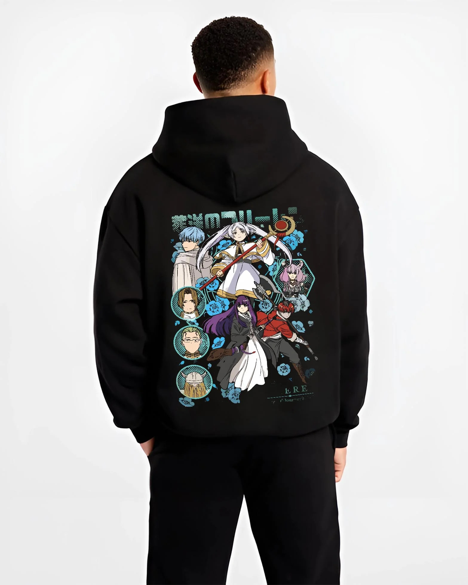 Black hoodie worn by male model, back view with Frieren Hoodie Beyond Journey’s End Adventure Cast graphic bold anime graphic.