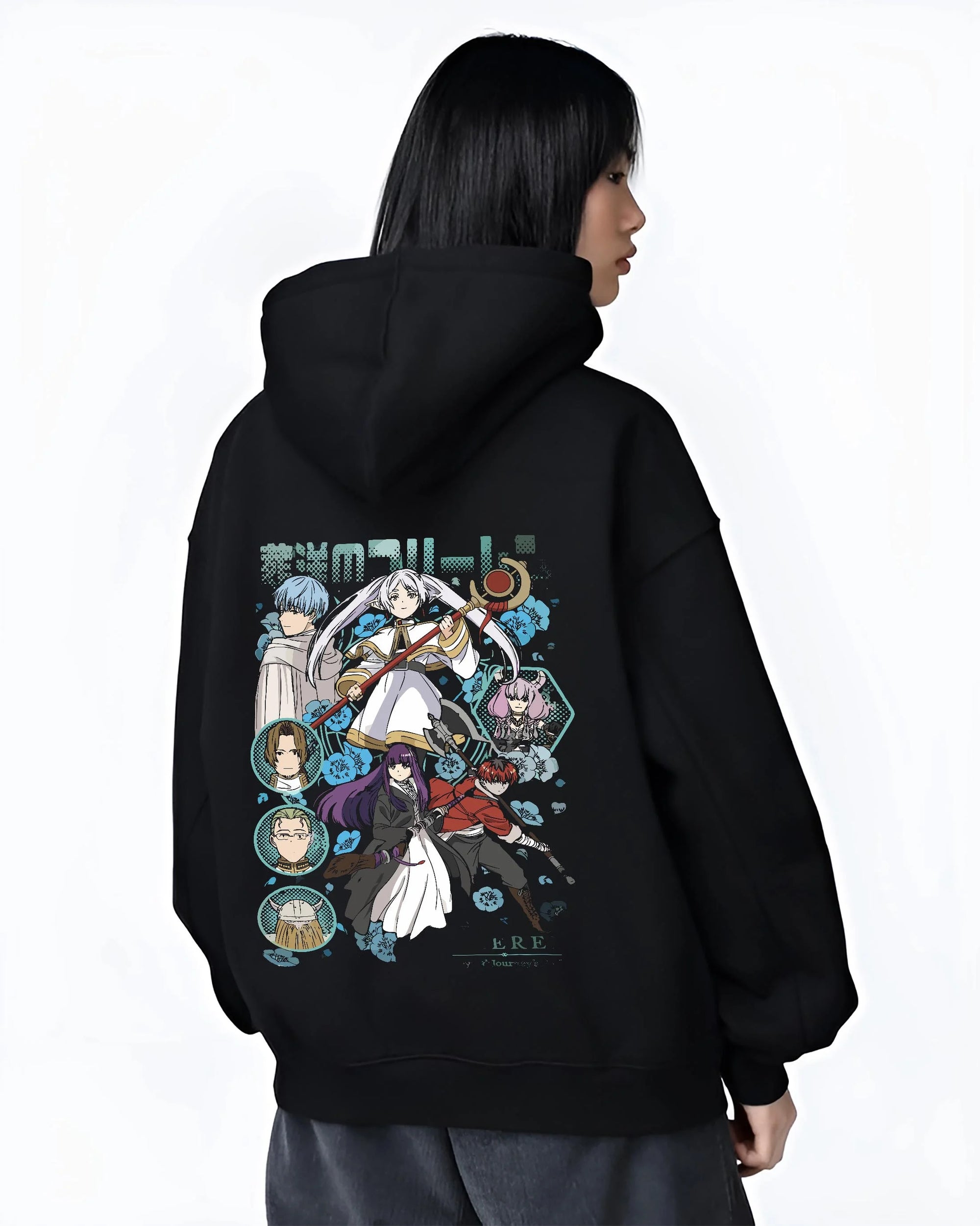 Black hoodie worn by female model, back view with Frieren Hoodie Beyond Journey’s End Adventure Cast graphic premium wear.