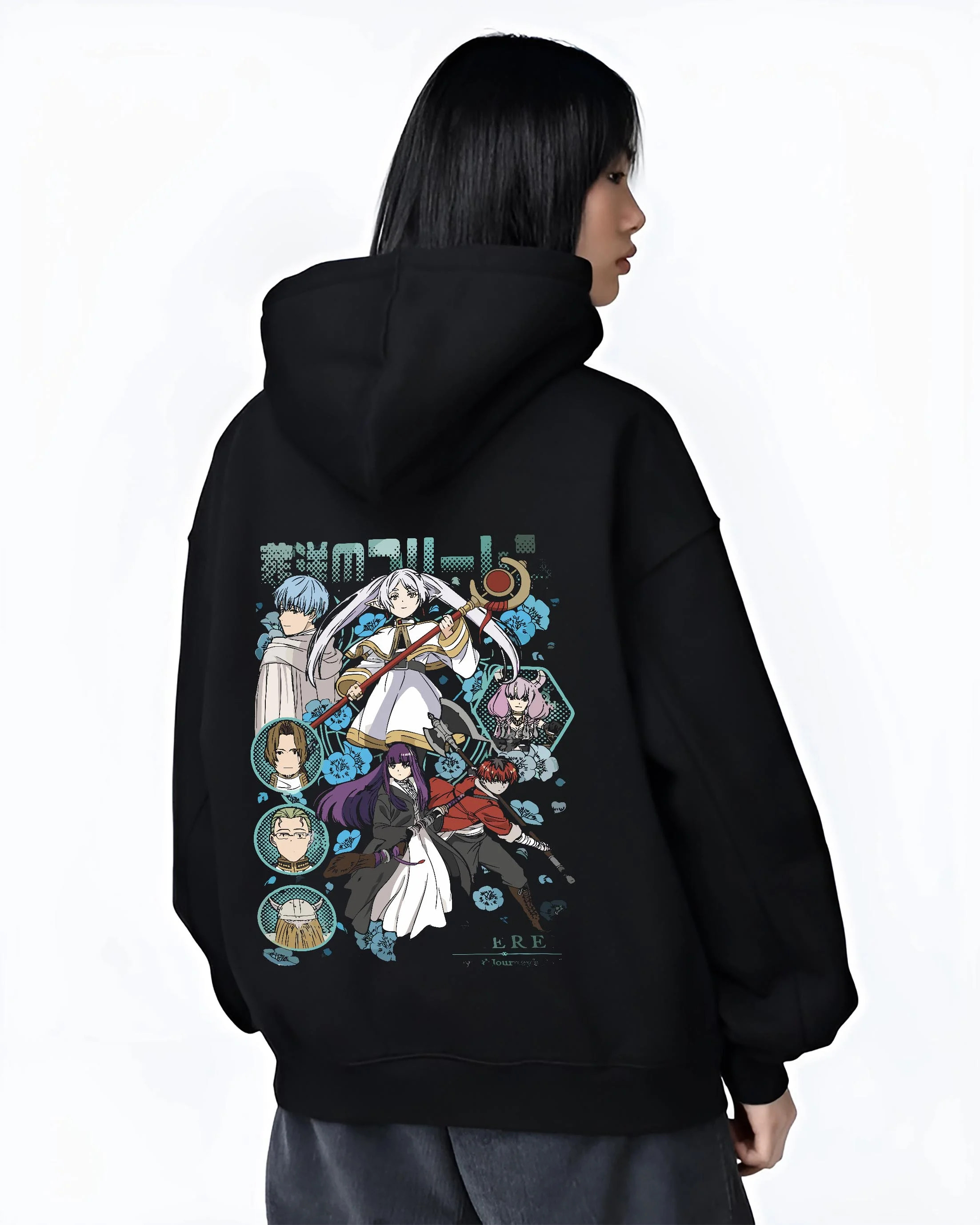 Black hoodie worn by female model, back view with Frieren Hoodie Beyond Journey’s End Adventure Cast graphic premium wear.