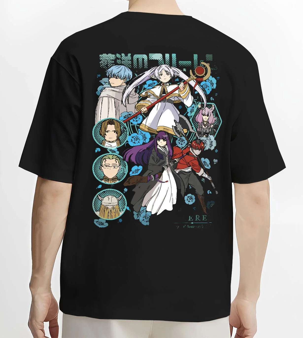 Black T-shirt worn by male model, back view with Frieren Hoodie Beyond Journey’s End Adventure Cast graphic premium wear.