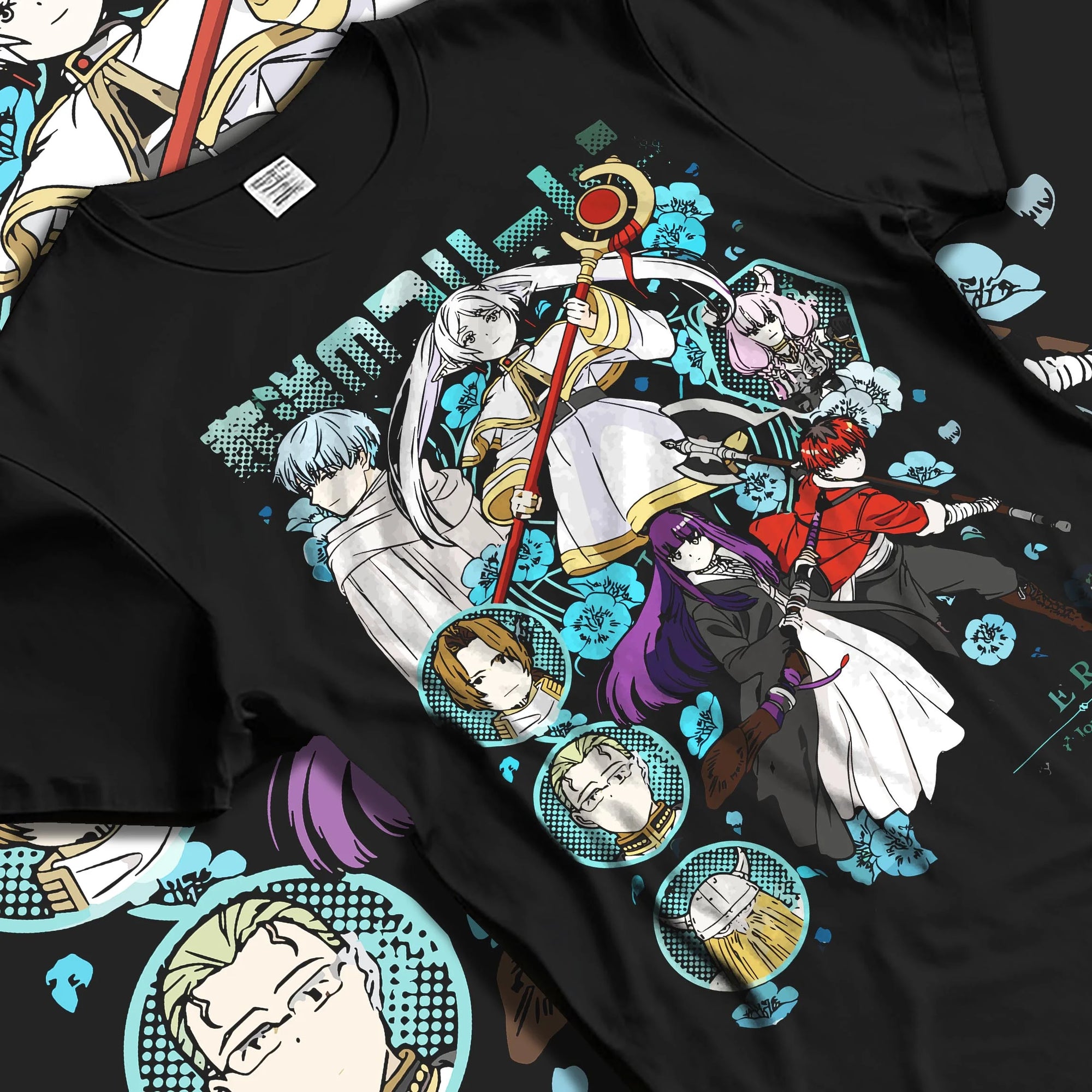 Black T-shirt laid flat with natural folds with Frieren Hoodie Beyond Journey’s End Adventure Cast graphic premium wear.