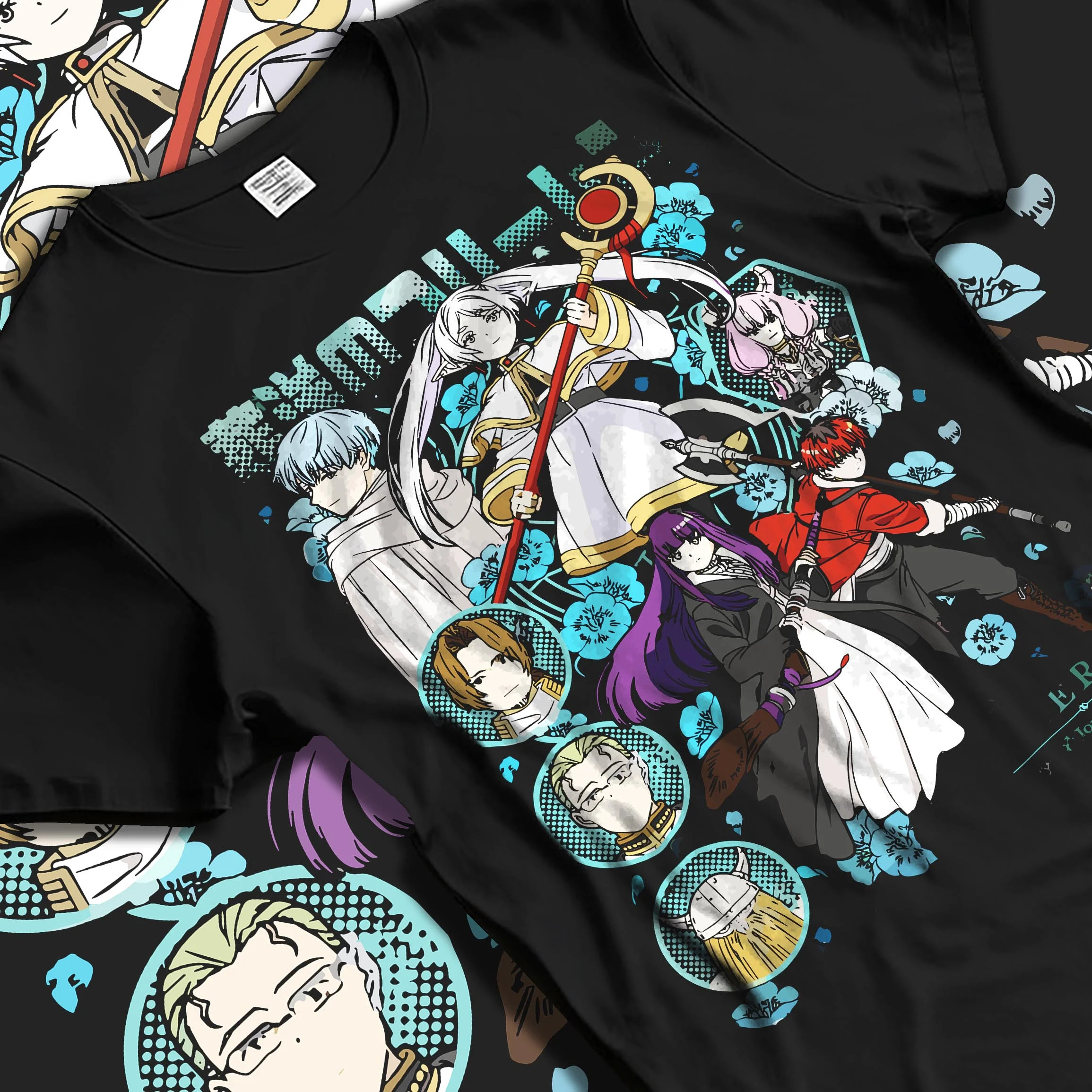 Black T-shirt laid flat with natural folds with Frieren Hoodie Beyond Journey’s End Adventure Cast graphic premium wear.