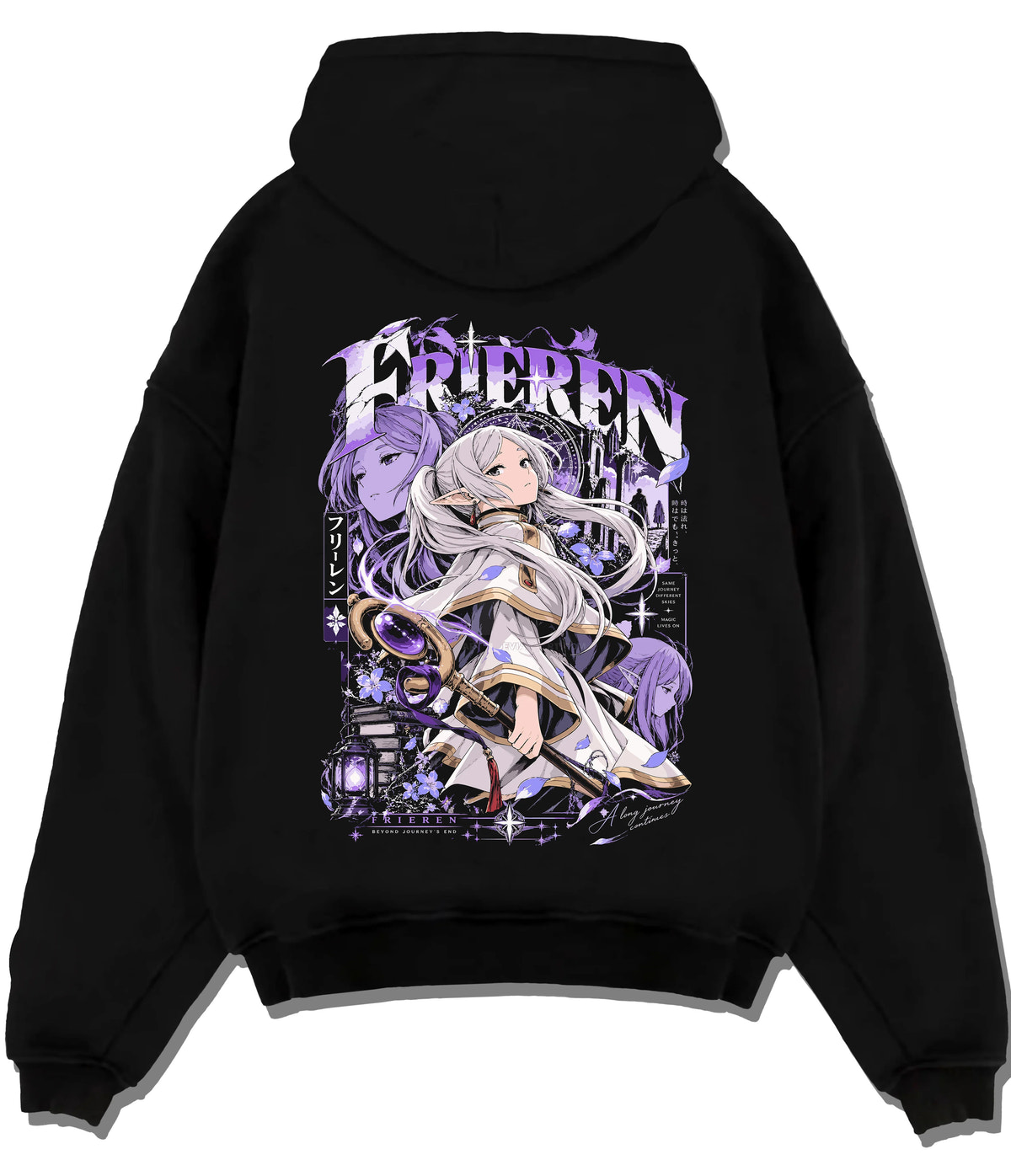 Black hoodie flat back view showing Frieren and Fern from Frieren: Beyond Journey's End: fantasy illustration