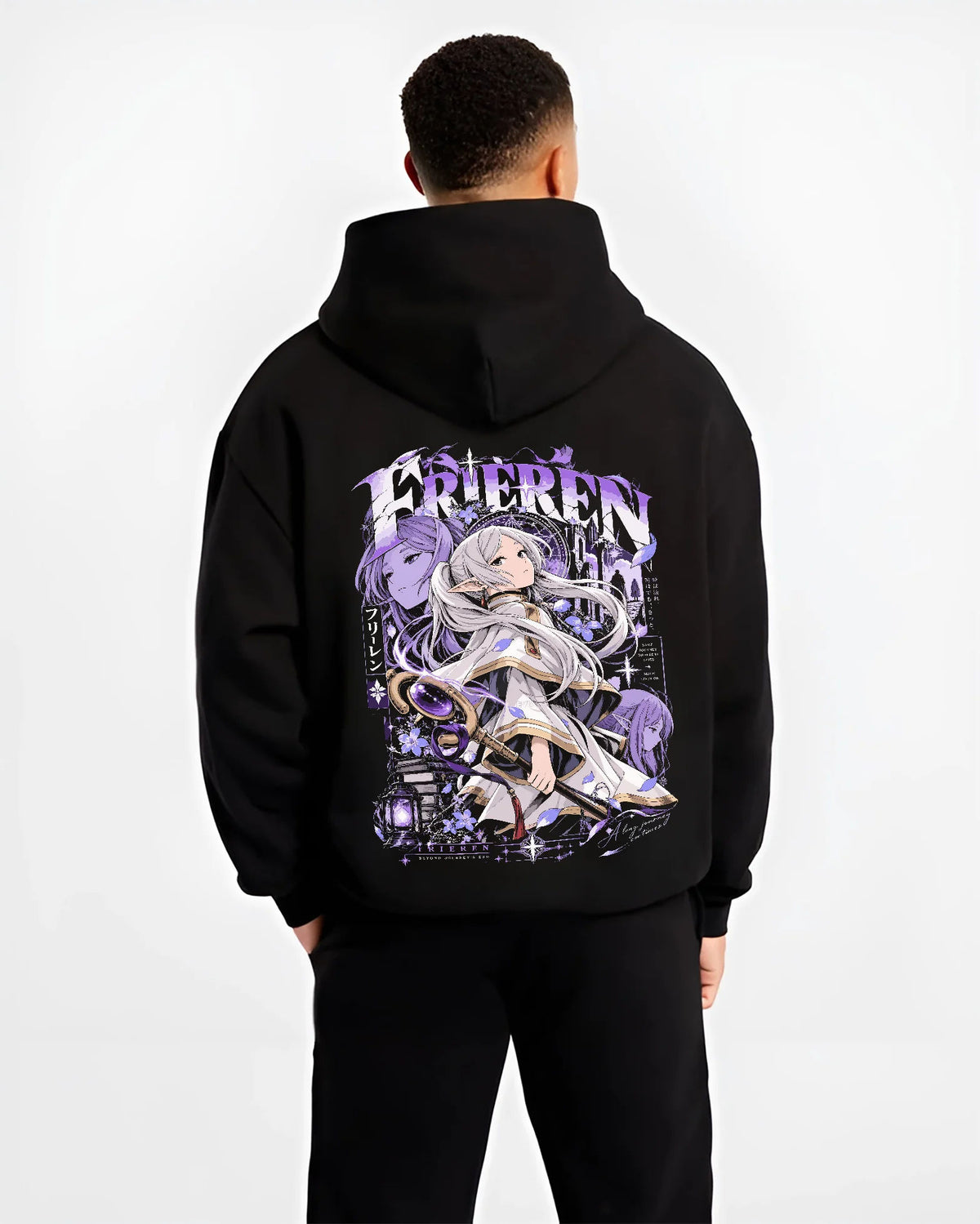 Black hoodie model back view showing Frieren and Fern from Frieren: Beyond Journey's End: fantasy illustration