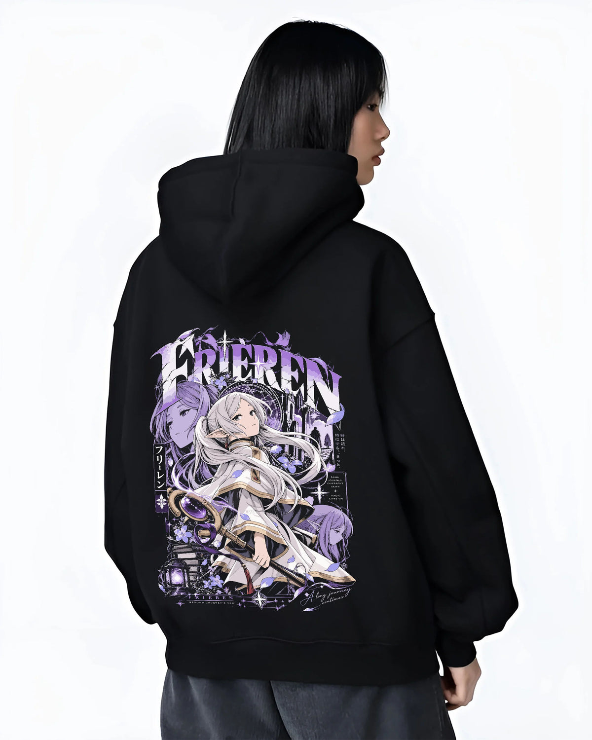 Black hoodie female model back view showing Frieren and Fern from Frieren: Beyond Journey's End: fantasy illustration
