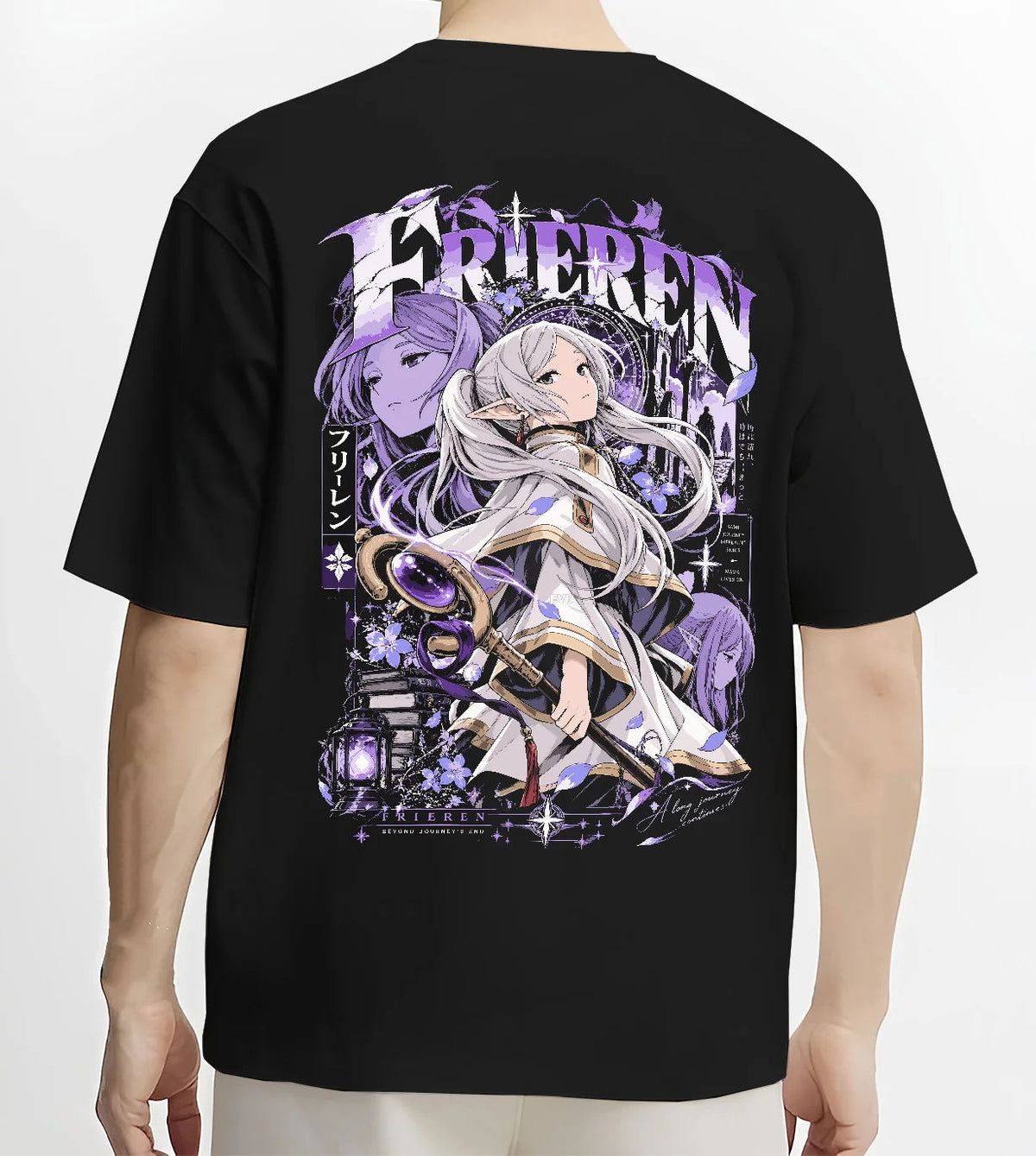 Black T-shirt model back view showing Frieren and Fern from Frieren: Beyond Journey's End: fantasy illustration