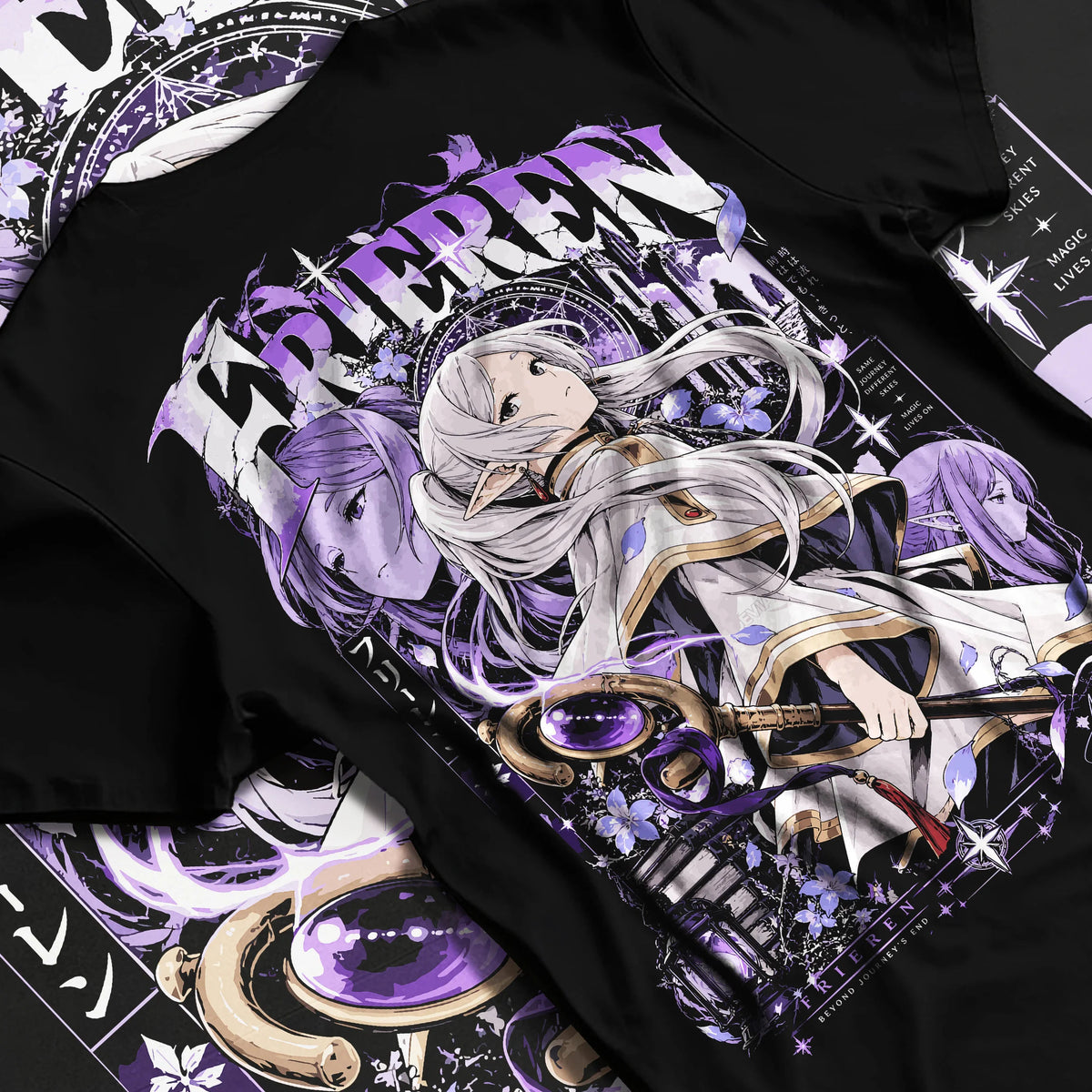 Black T-shirt flat back view showing Frieren and Fern from Frieren: Beyond Journey's End: fantasy illustration