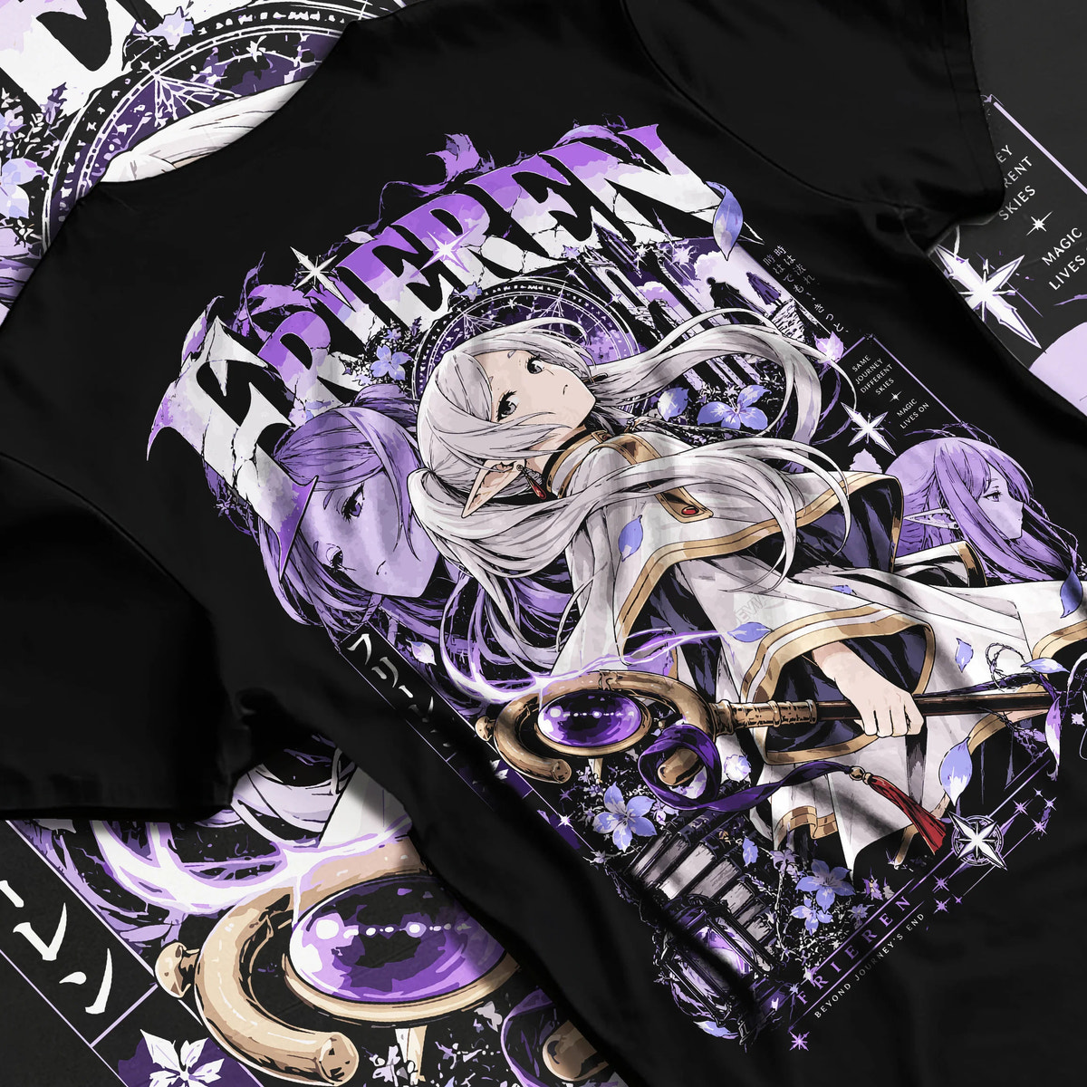 Black T-shirt flat back view showing Frieren and Fern from Frieren: Beyond Journey's End: fantasy illustration