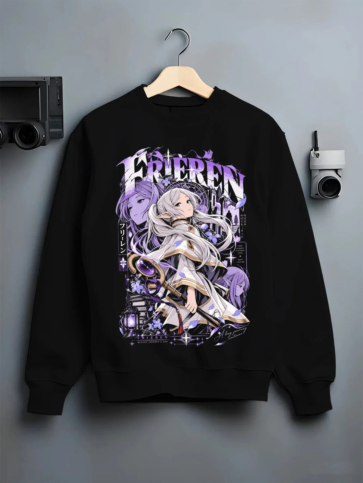 Black crewneck sweatshirt on hanger showing Frieren and Fern from Frieren: Beyond Journey's End: fantasy illustration