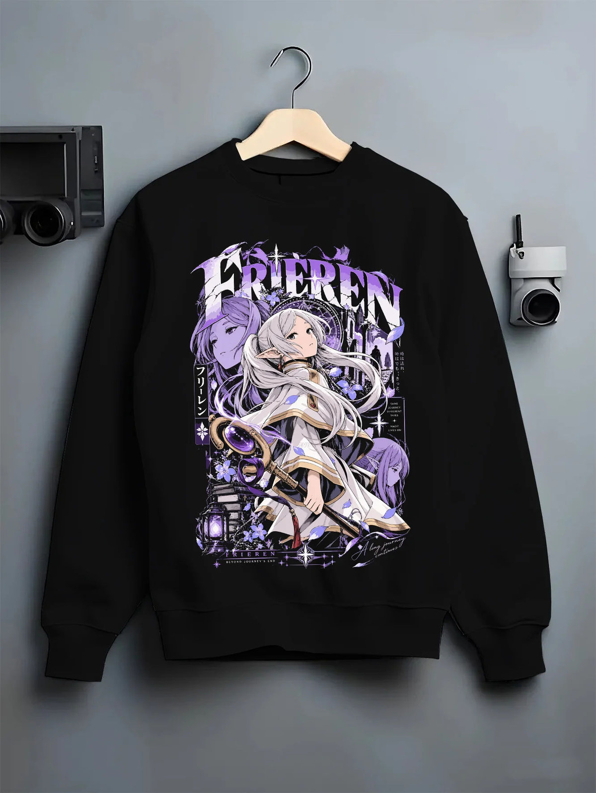 Black crewneck sweatshirt on hanger showing Frieren and Fern from Frieren: Beyond Journey's End: fantasy illustration