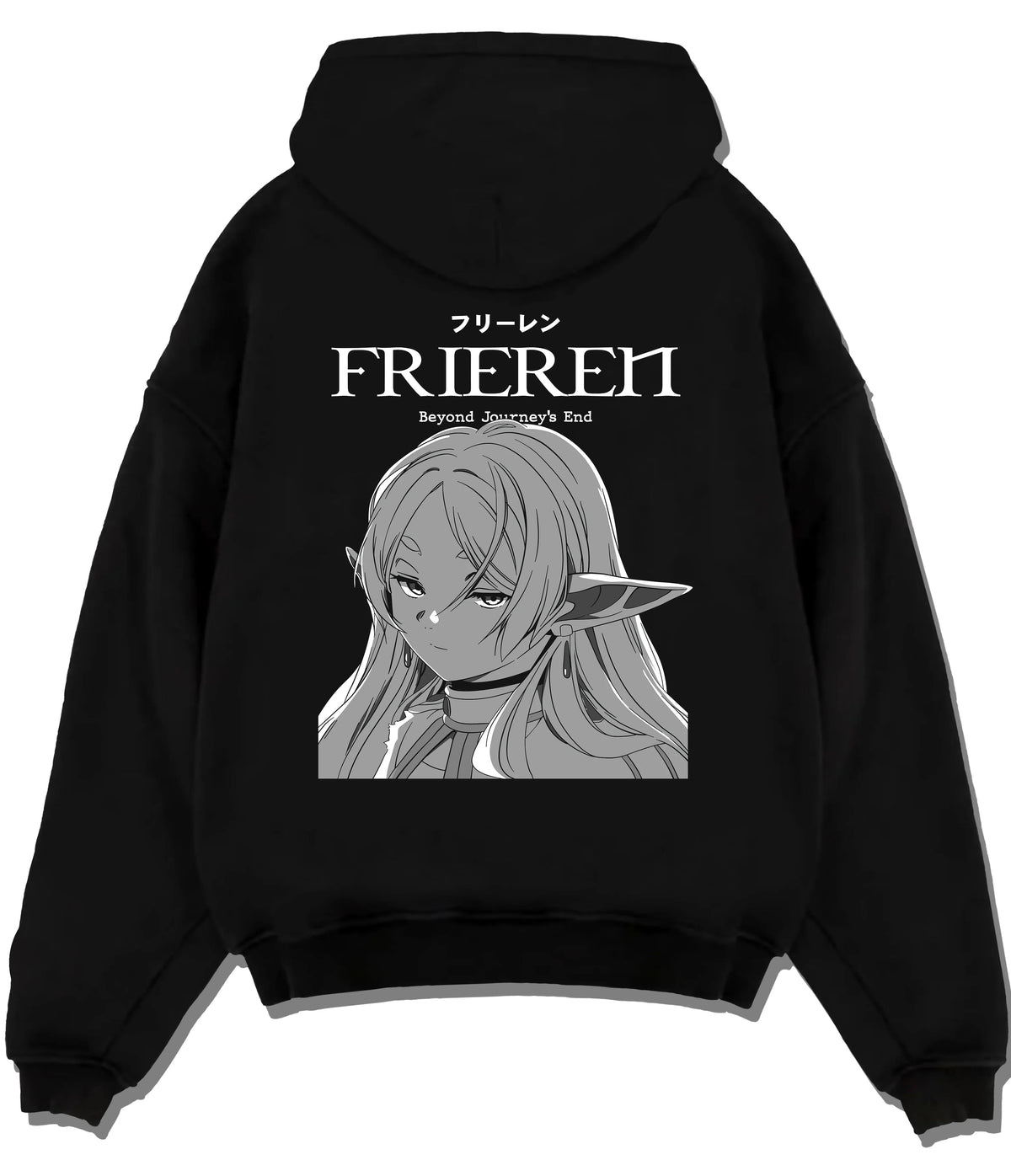 Black hoodie flat back view showing Frieren from Frieren: Beyond Journey's End: monochrome portrait