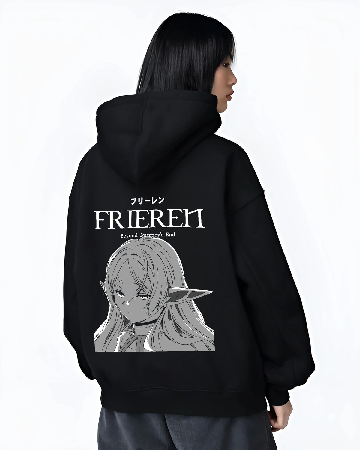 Black hoodie female model back view showing Frieren from Frieren: Beyond Journey's End: monochrome portrait