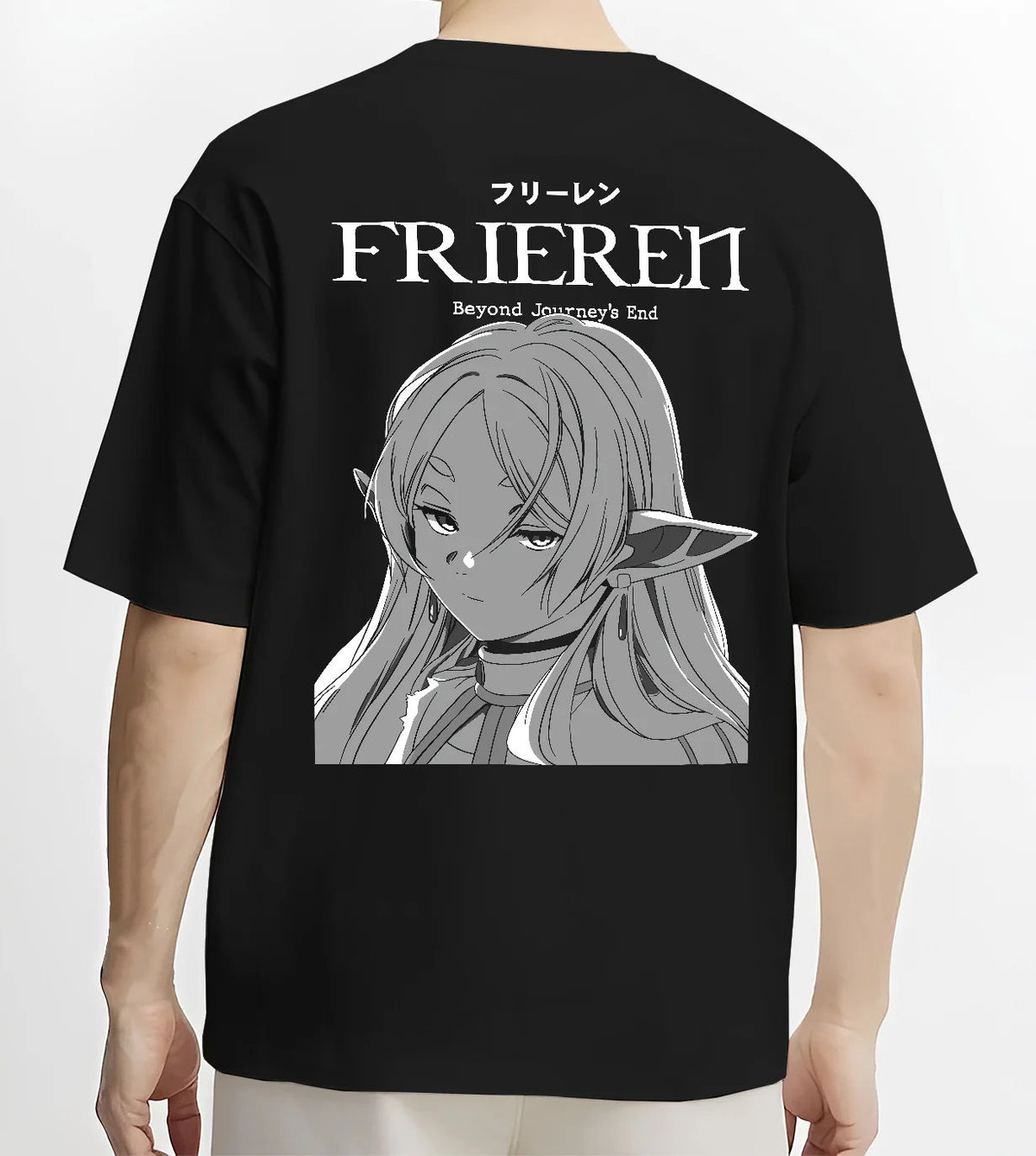 Black T-shirt model back view showing Frieren from Frieren: Beyond Journey's End: monochrome portrait