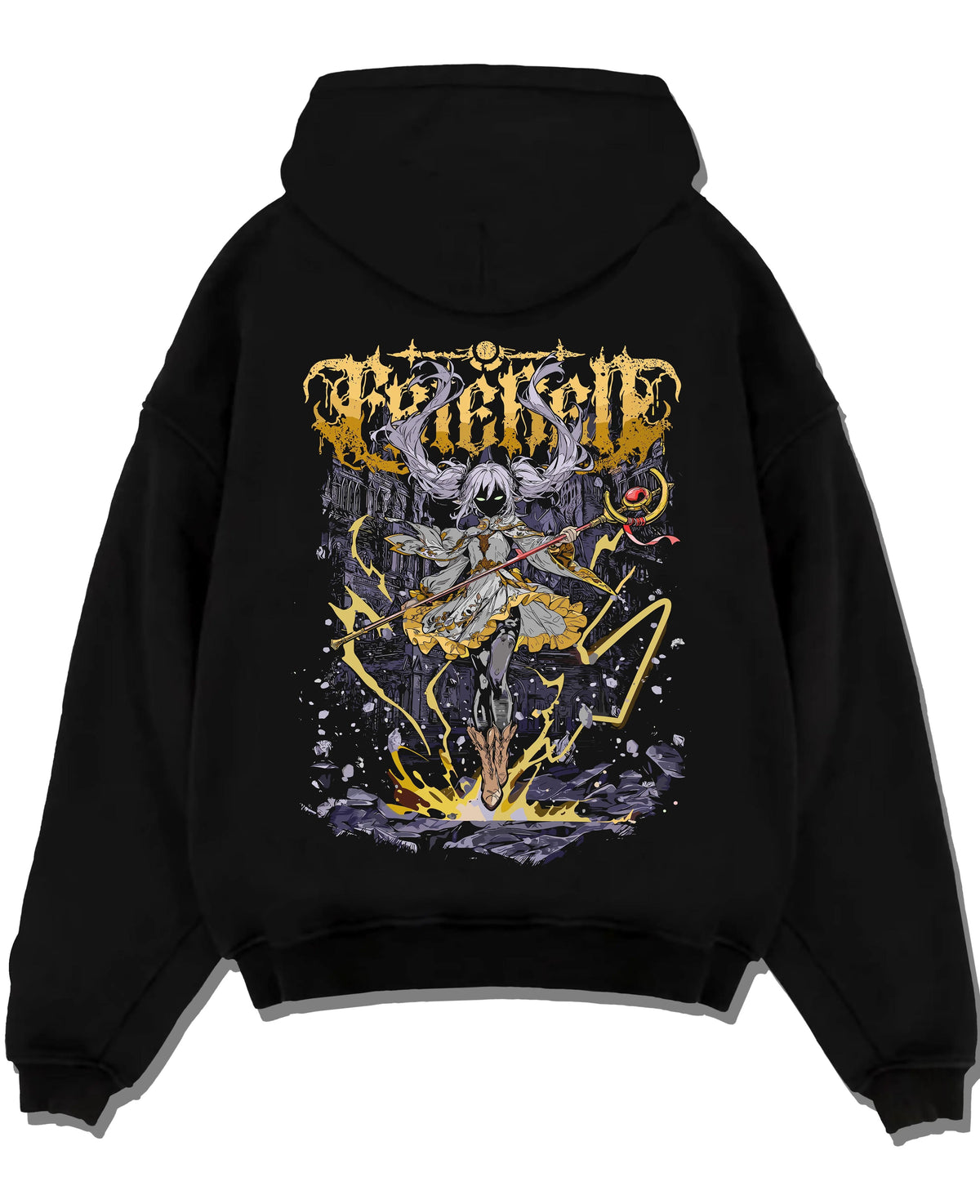 Black hoodie flat back view with Frieren and Fern from Frieren: Beyond Journey's End illustrated back graphic