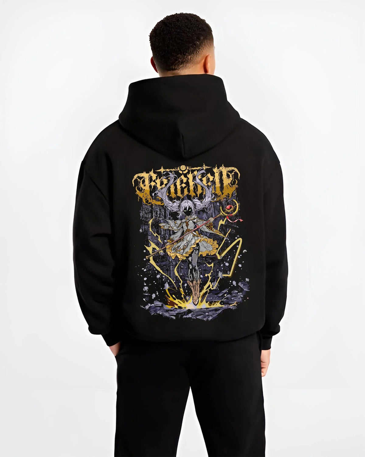 Black hoodie model back view with Frieren and Fern from Frieren: Beyond Journey's End illustrated back graphic