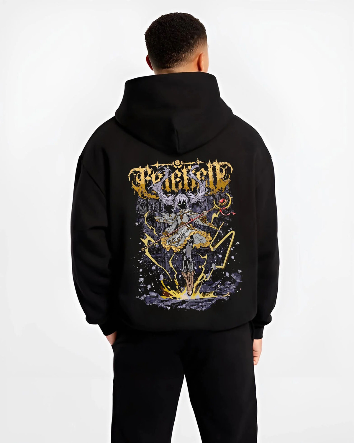 Black hoodie model back view with Frieren and Fern from Frieren: Beyond Journey's End illustrated back graphic