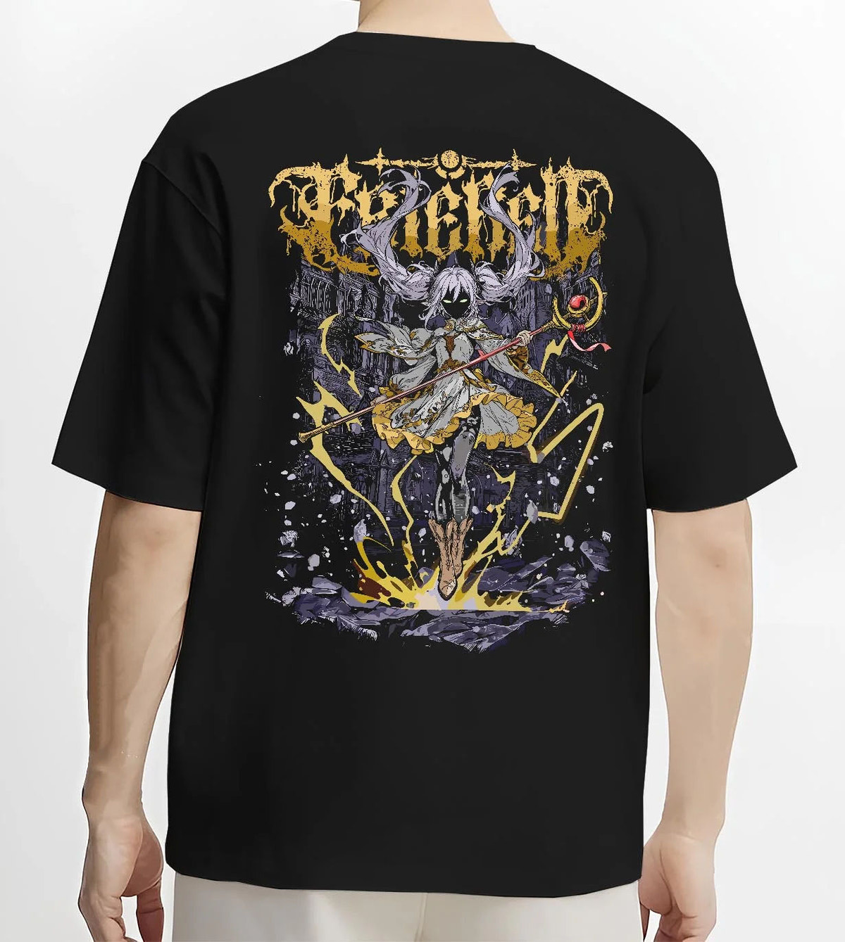 Black T-shirt model back view with Frieren and Fern from Frieren: Beyond Journey's End illustrated back graphic