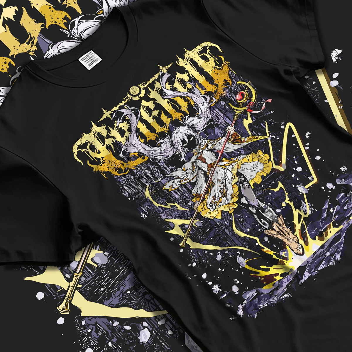 Black T-shirt flat back view with Frieren and Fern from Frieren: Beyond Journey's End illustrated back graphic