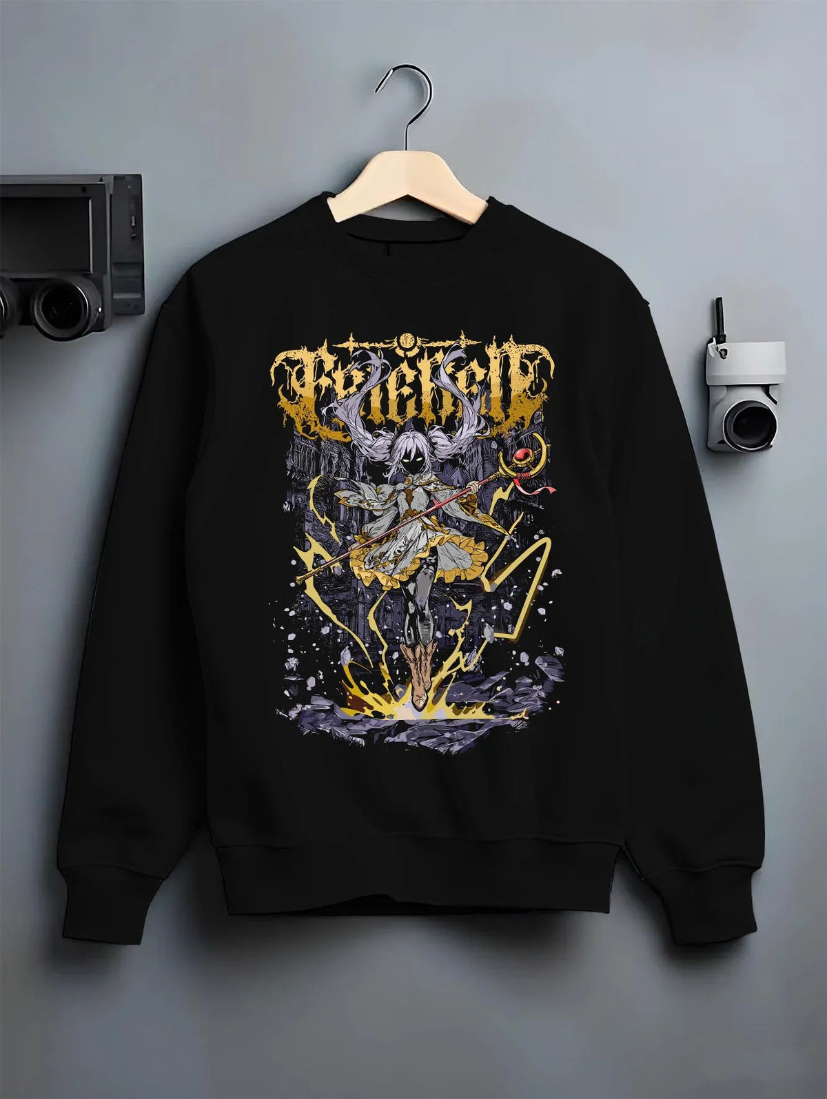 Black crewneck sweatshirt on hanger with Frieren and Fern from Frieren: Beyond Journey's End illustrated back graphic