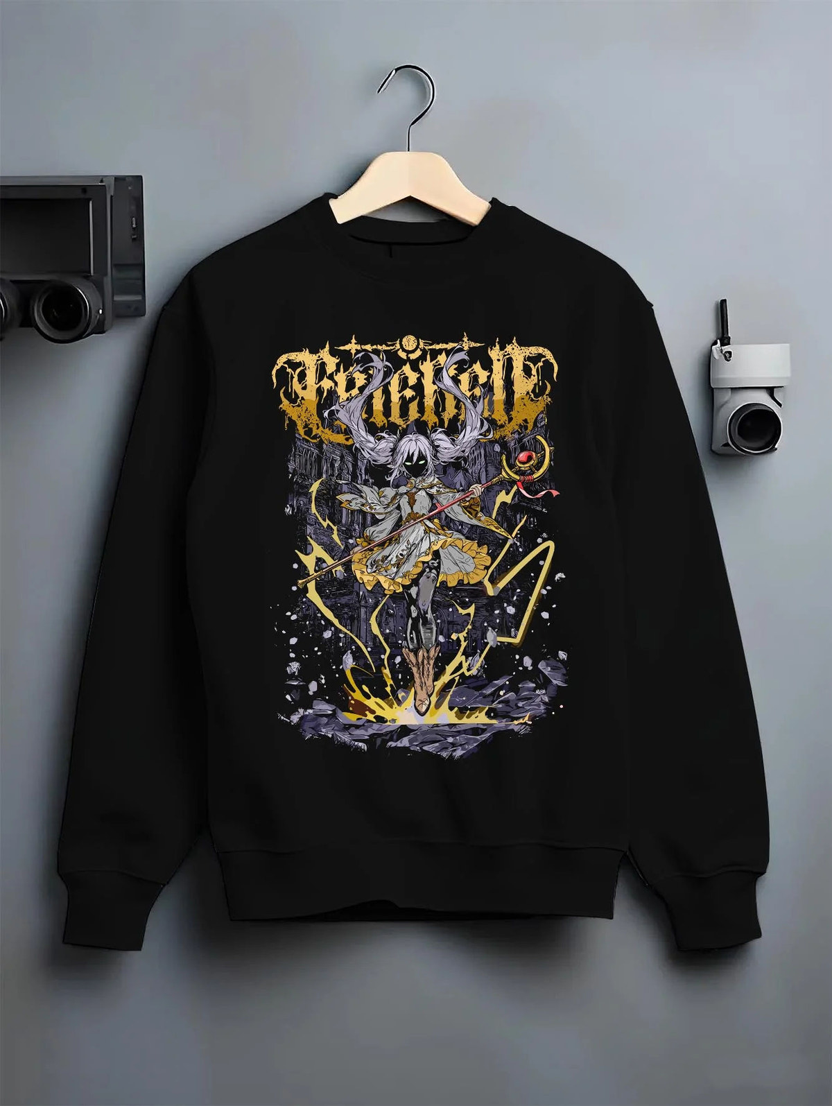 Black crewneck sweatshirt on hanger with Frieren and Fern from Frieren: Beyond Journey's End illustrated back graphic