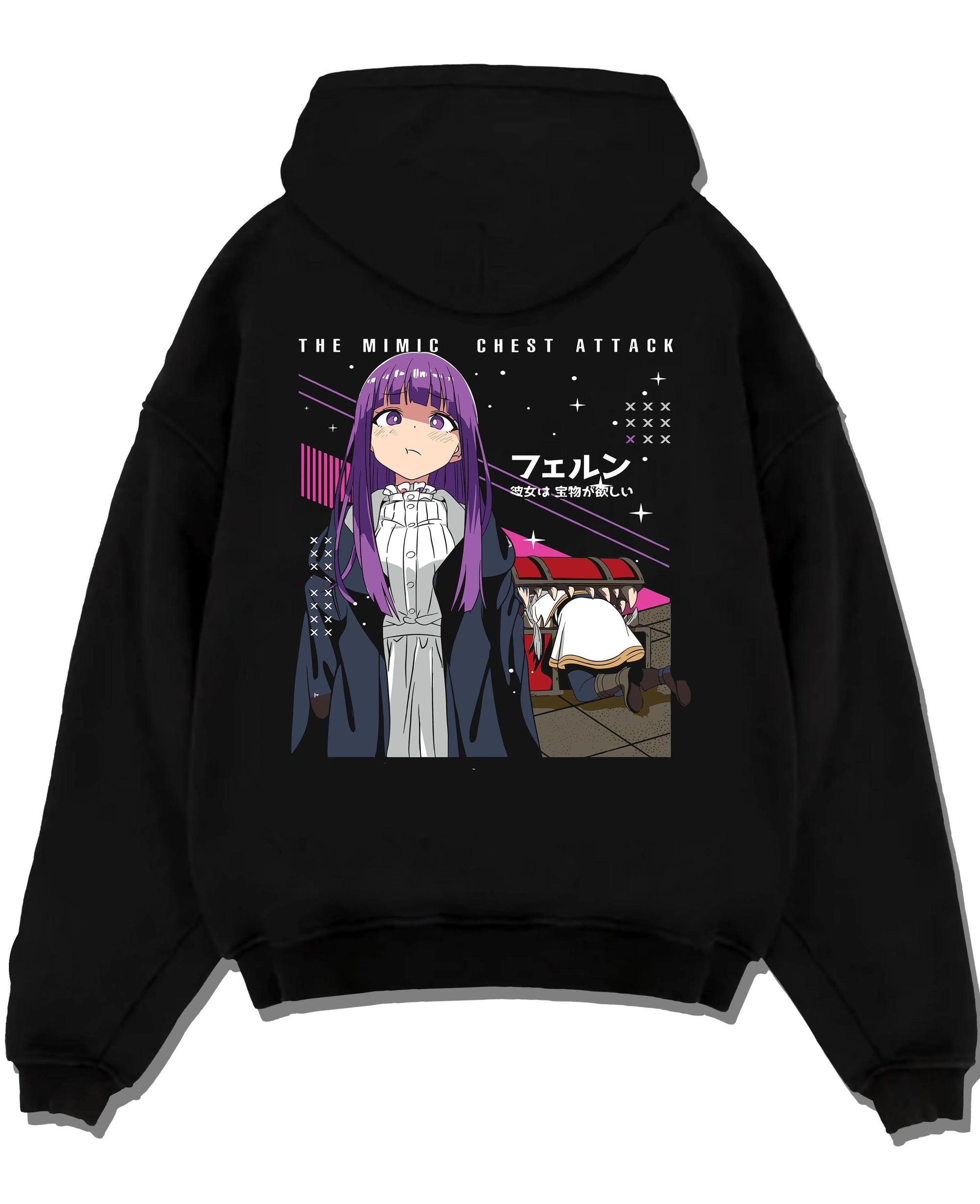 Black pullover hoodie laid flat with Frieren Hoodie Beyond Journey’s End White Dress graphic premium wear.