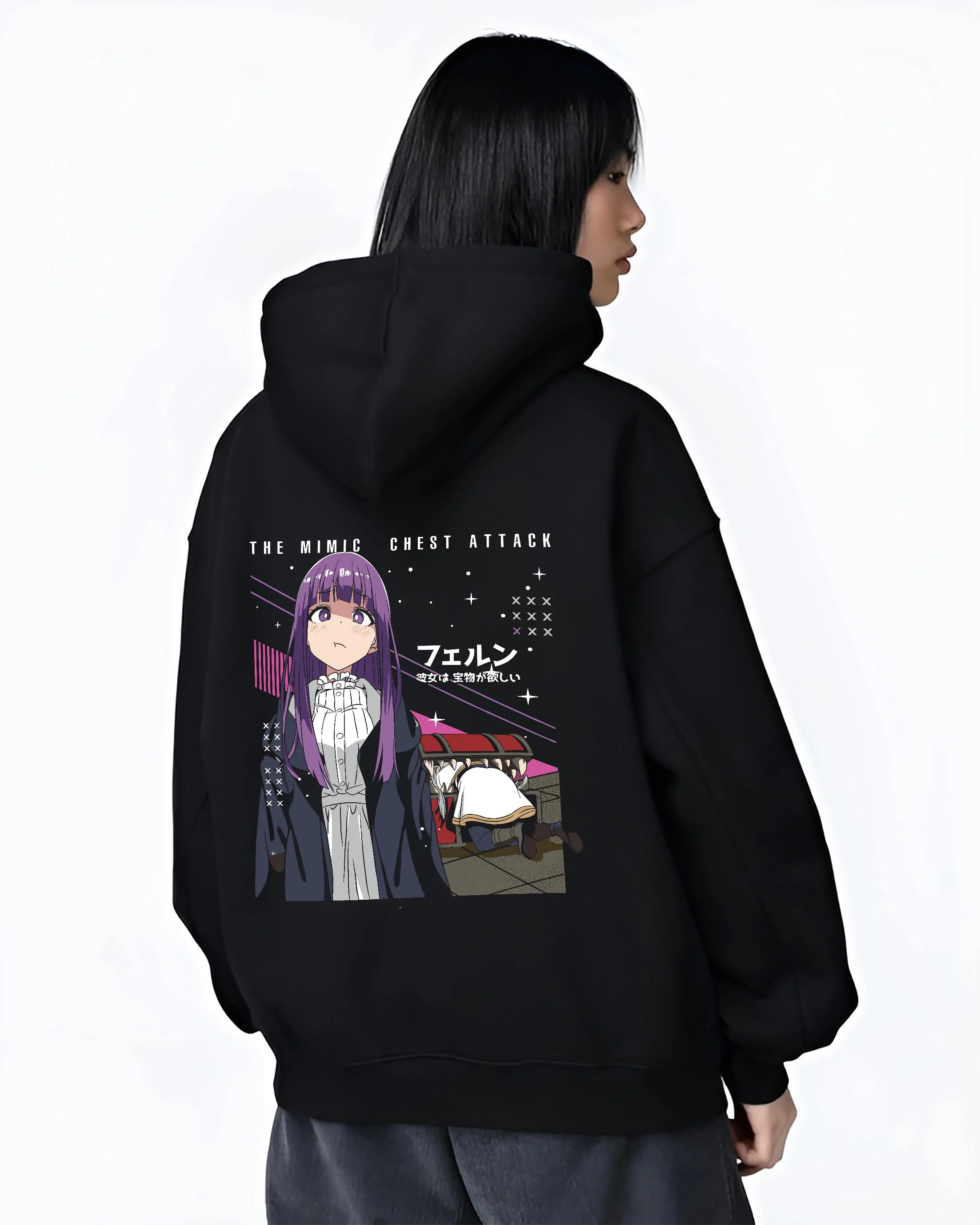 Black hoodie worn by female model, back view with Frieren Hoodie Beyond Journey’s End White Dress graphic bold anime graphic.