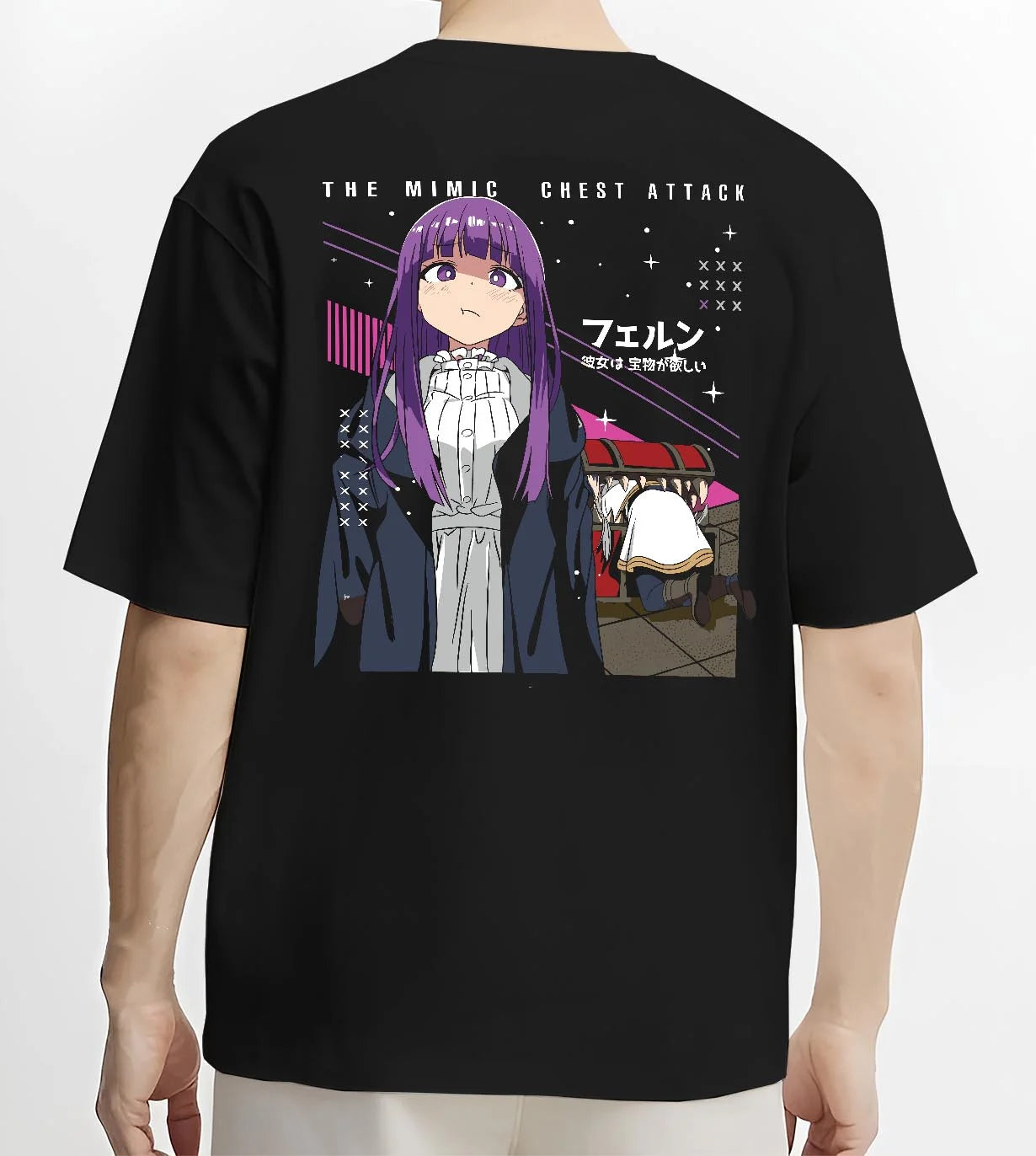 Black T-shirt worn by male model, back view with Frieren Hoodie Beyond Journey’s End White Dress graphic streetwear graphic.