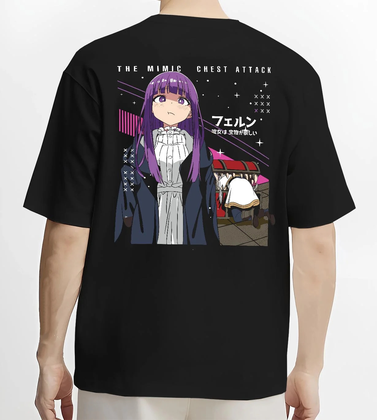 Black T-shirt worn by male model, back view with Frieren Hoodie Beyond Journey’s End White Dress graphic streetwear graphic.