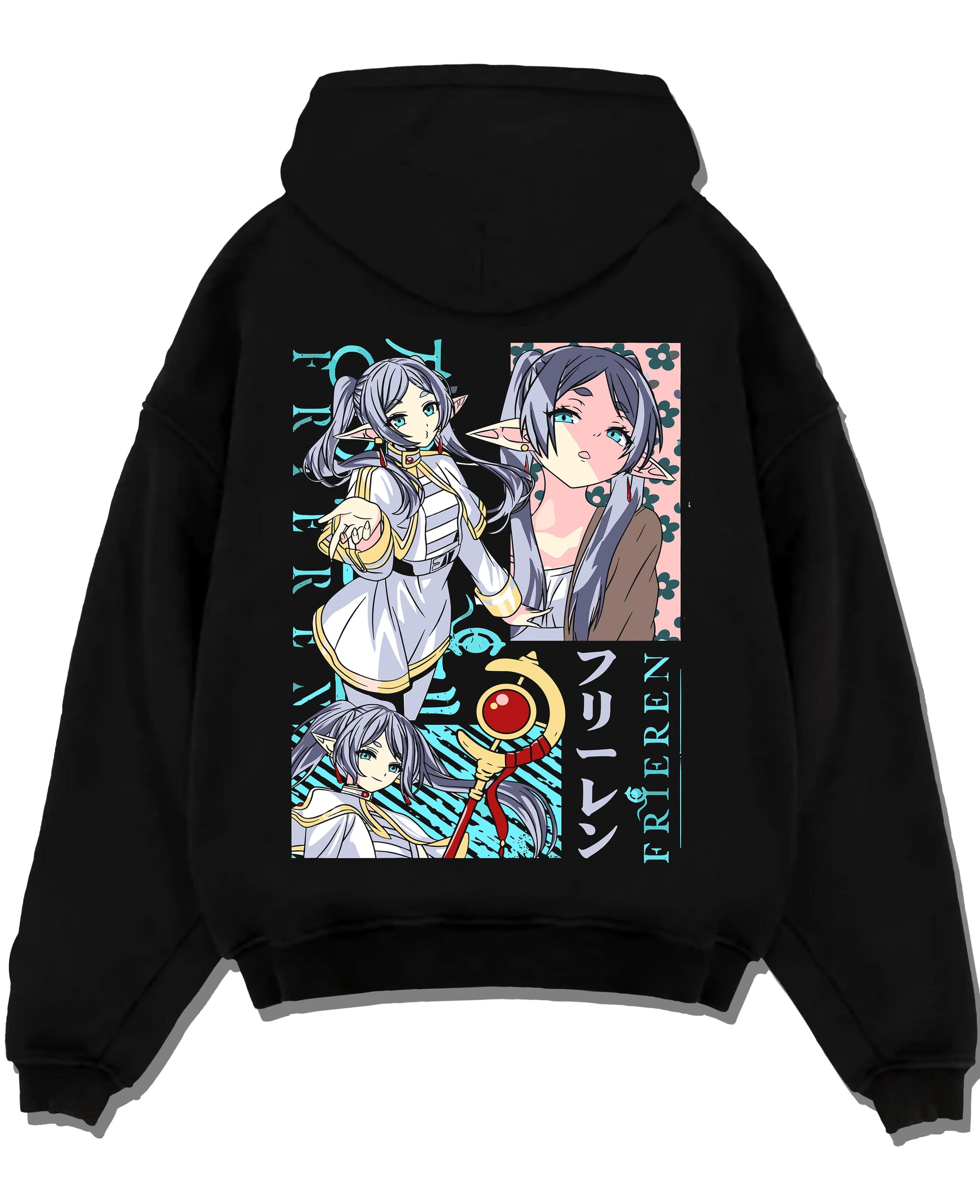 Black pullover hoodie laid flat with Frieren Hoodie Beyond Journey’s End Twin Sisters graphic premium wear.