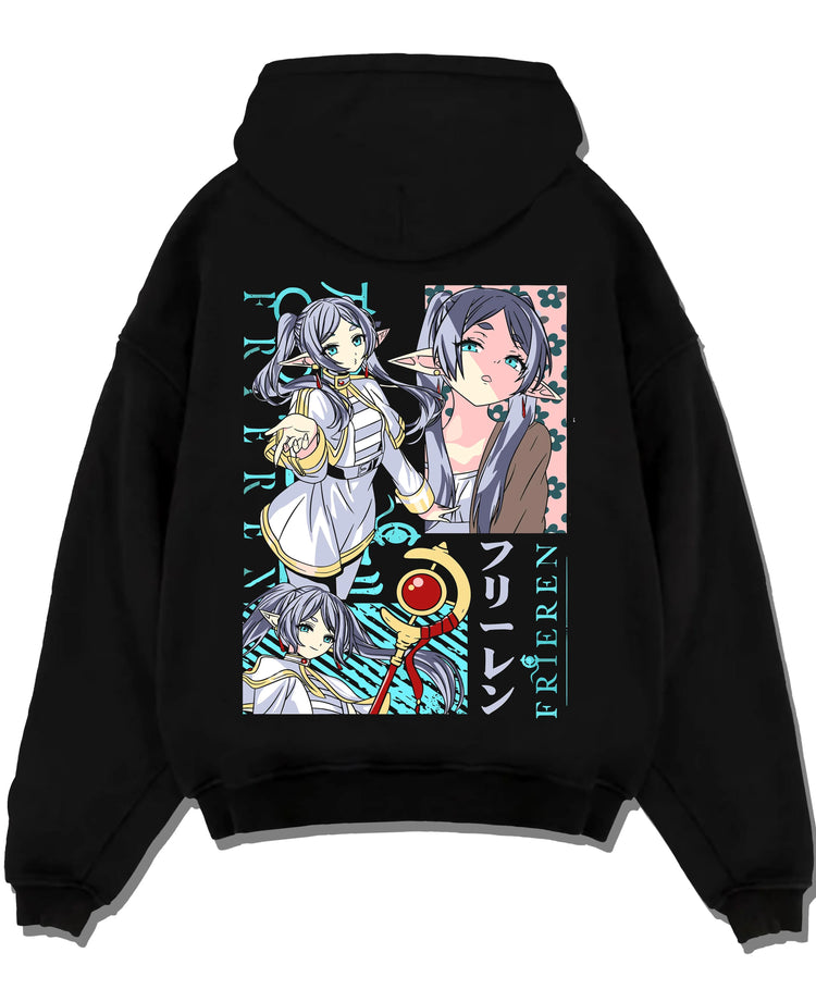 Black pullover hoodie laid flat with Frieren Hoodie Beyond Journey’s End Twin Sisters graphic premium wear.