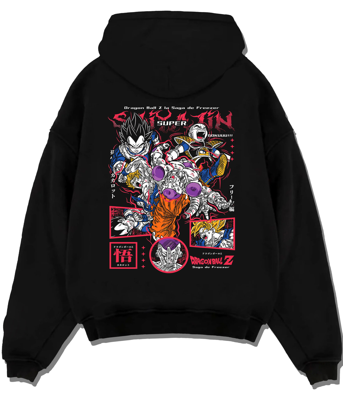 Black hoodie flat back view with Frieza and Dragon Ball Z fighters collage illustrated back graphic
