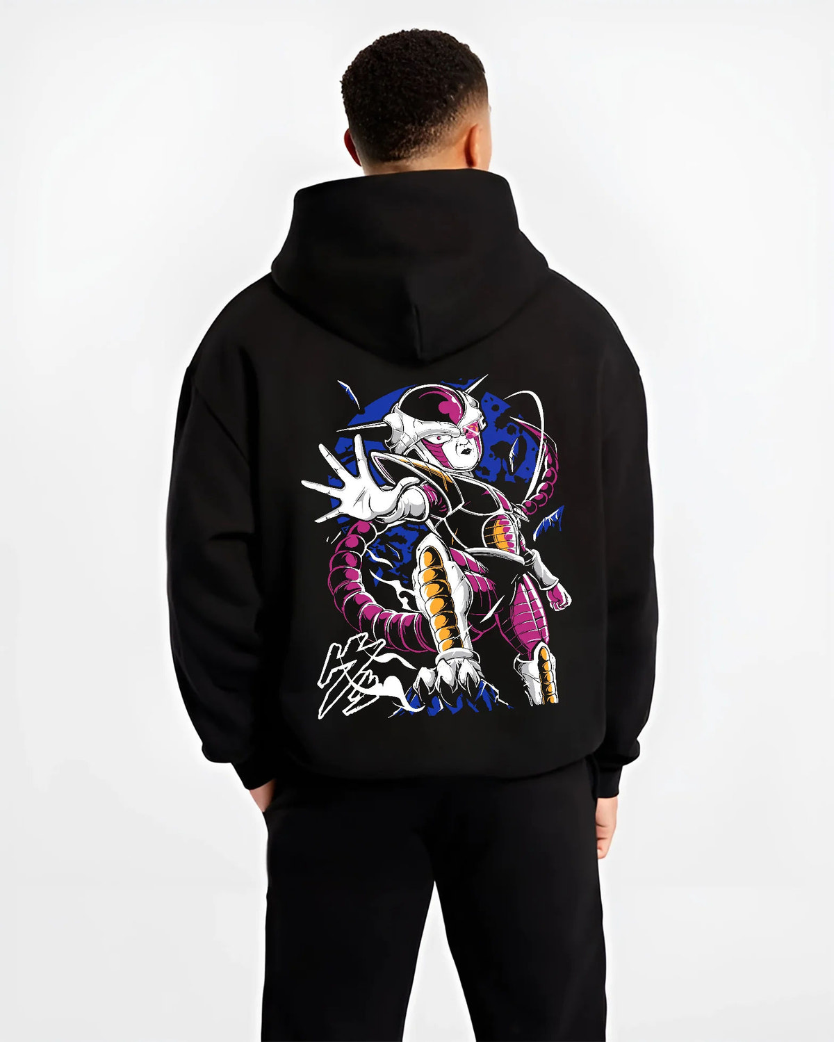 Black hoodie model back view showing Frieza from Dragon Ball: final form portrait