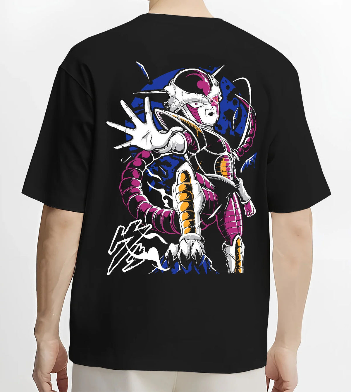 Black T-shirt model back view showing Frieza from Dragon Ball: final form portrait